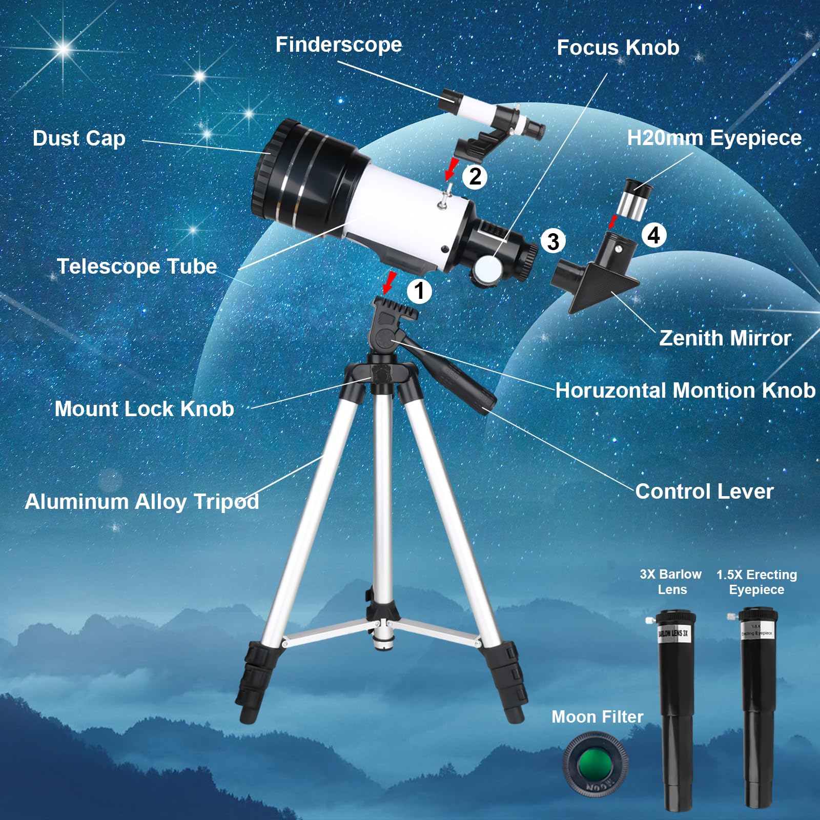Télescope pour Enfants et Adultes, 70MM Ouverture Télescope Réfracteur de 300MM avec Trépied, Viseur 5 x 24, Adaptateur Télescopes et 2 Oculaires pour Adultes Débutants en Astronomie (Blanc)