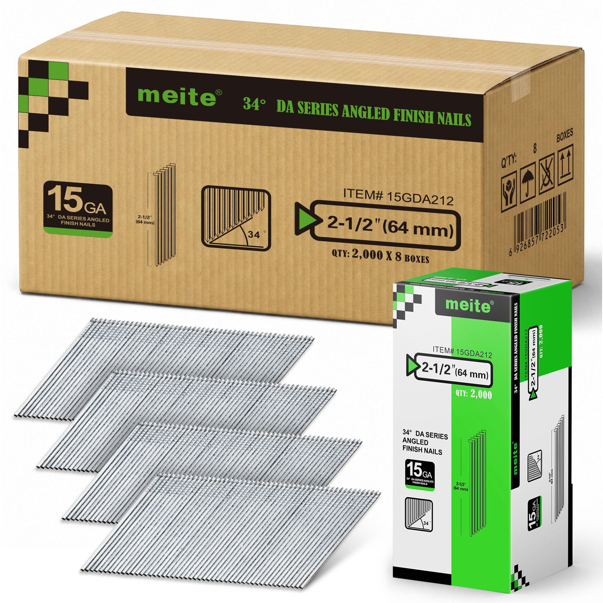 meite 15 Gauge Angled Finish Nails 2-1/2 Inch 34 Degree Galvanized 16000PCS