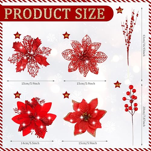 Miniatura 2 de Hotop 48 piezas de flores artificiales de Navidad con purpurina de 4 estilos, 24, 12 palitos de cuentas, 12 tallos de bayas, adorno dorado para