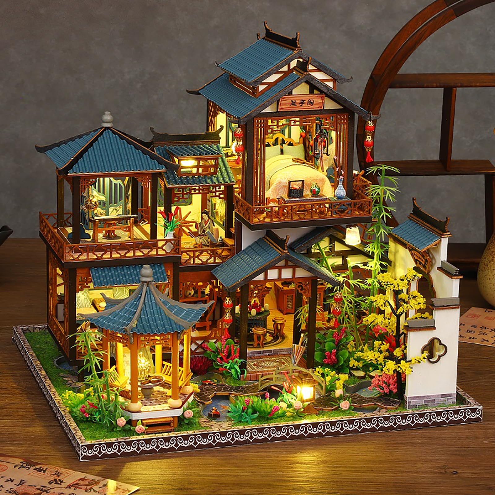 Kit fai da te per angolo libri – Kit fai da te in miniatura per casa delle bambole con mobili e luce LED, puzzle 3D in legno, fermalibri artistici in legno, kit di modelli per adulti da costruire