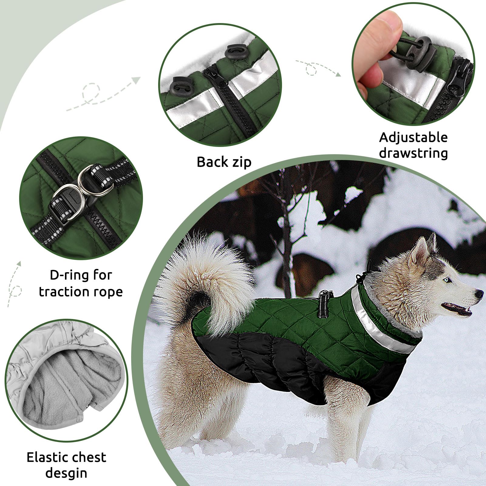CITÉTOILE Cappotti per Cani Invernali in Pile con Imbracatura, Caldo Cappotti e Giubbotti per Cane Taglia Piccola/Media/Grande, Cappottino Impermeabile Cani, Gilet Cappotto Riflettente, Verde, XS