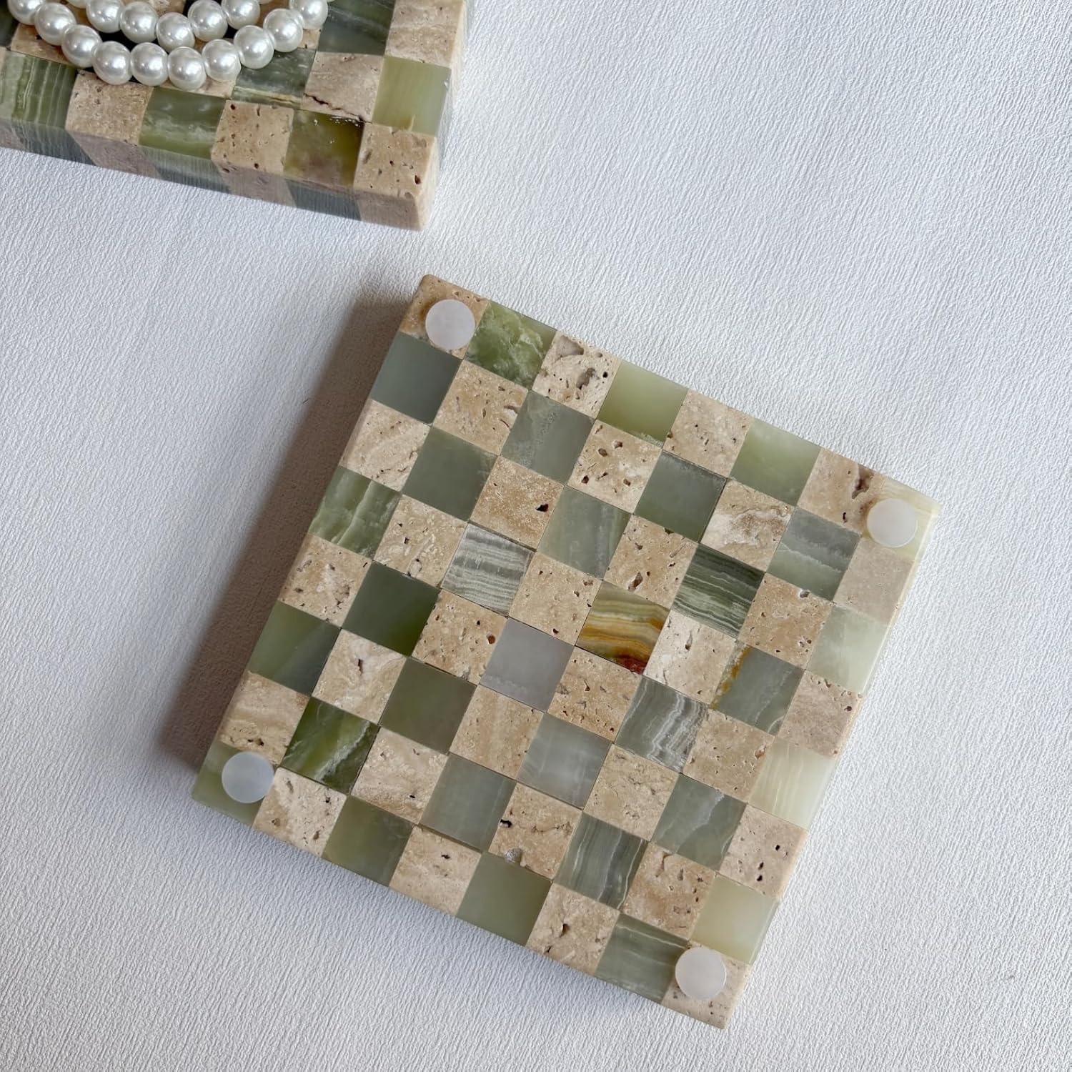 Marble Stone Green Onyx with Travertine Checkerboard Square Small Splicing Mosaic Tray Jewelry Dish (Green and Beige)