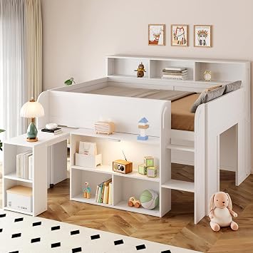Full Size Loft Bed with Extendable Desk & Storage Shelves & LED Light,Wooden Loft Bed Frame with Bookcase,Full-Length Safety Guardrails,Ladder & Under-Bed Play Space for Toddlers Kids Teens,Walnut