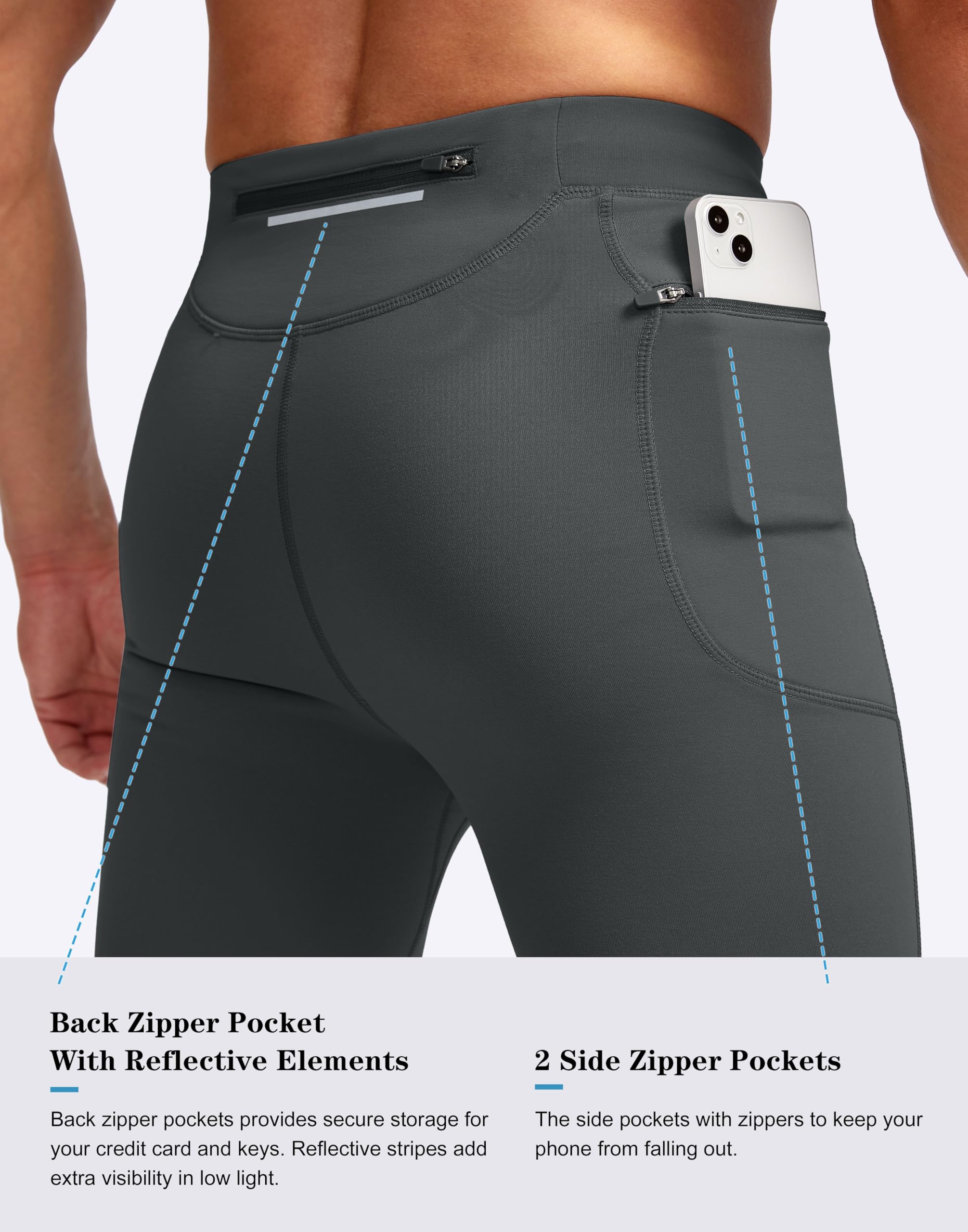 Pudolla Collant thermique de course à pied pour homme avec 3 poches à fermeture éclair pour entraînement, cyclisme, randonnée, jogging
