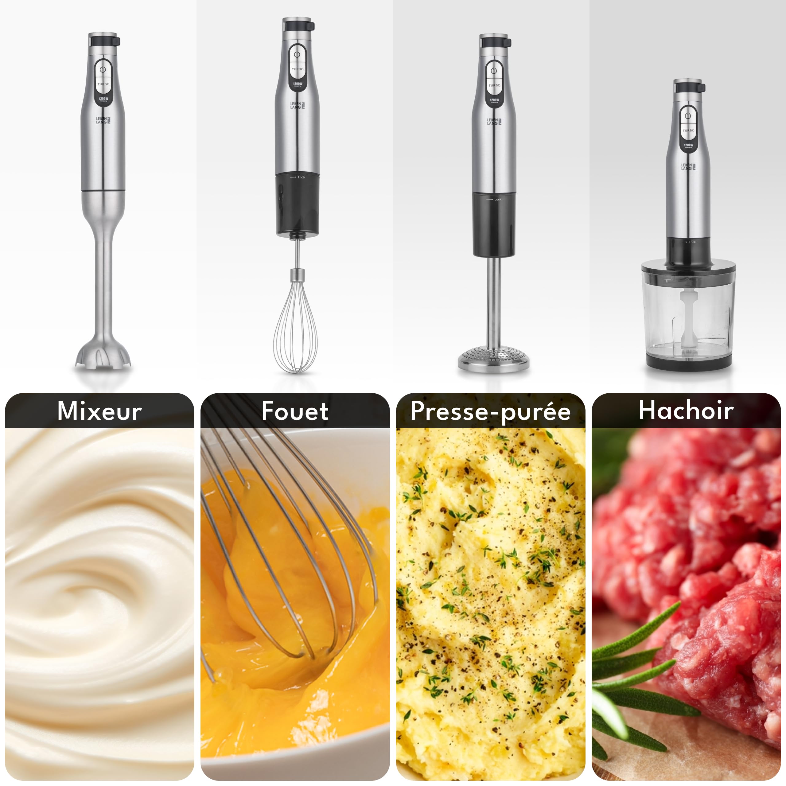LEBENLANG Premium 1200W Set Mixeur plongeant - 5 Accessoires et protection anti-éclaboussures inclus I Réglable en continu & Turbo I Mixer plongeur blender Mixeurs soupe Hand blender professionnel
