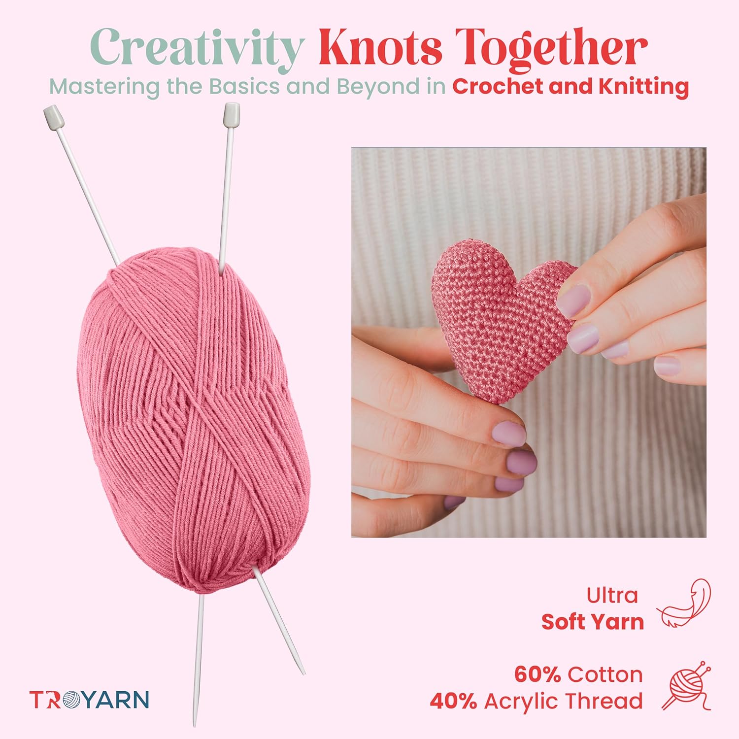 Crochet Yarn - Bulk Pink Soft Fine/Sport Yarn for Amigurumi Dolls, Baby Garments - 60% Cotton 40% Acrylic