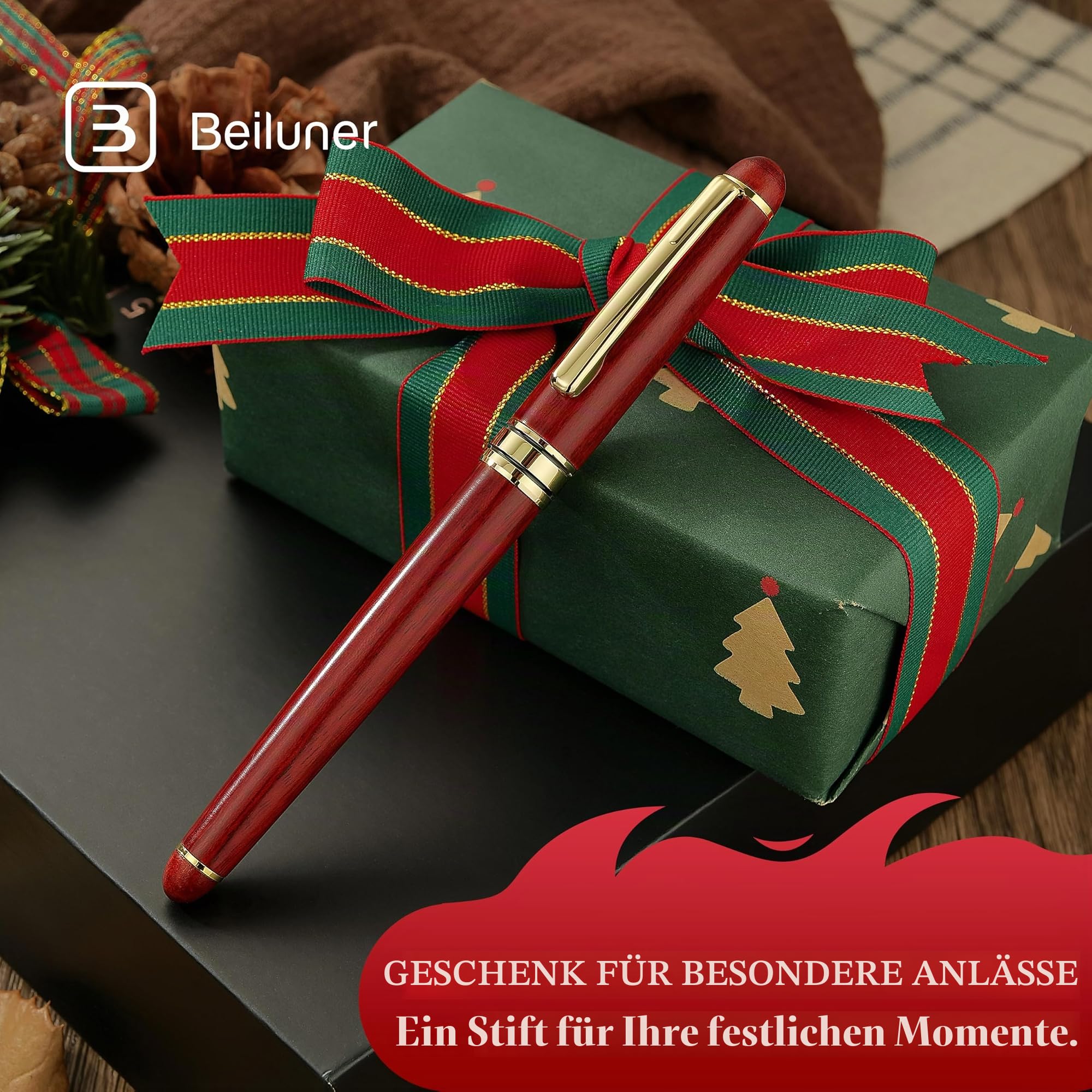 BEILUNER Luxus Kugelschreiber-Set aus Rosenholz - elegantes Premium-Geschenkset für Signatur, Geschäftsführung & Büro mit Geschenkbox & Extranachfüllern (Schwarz)