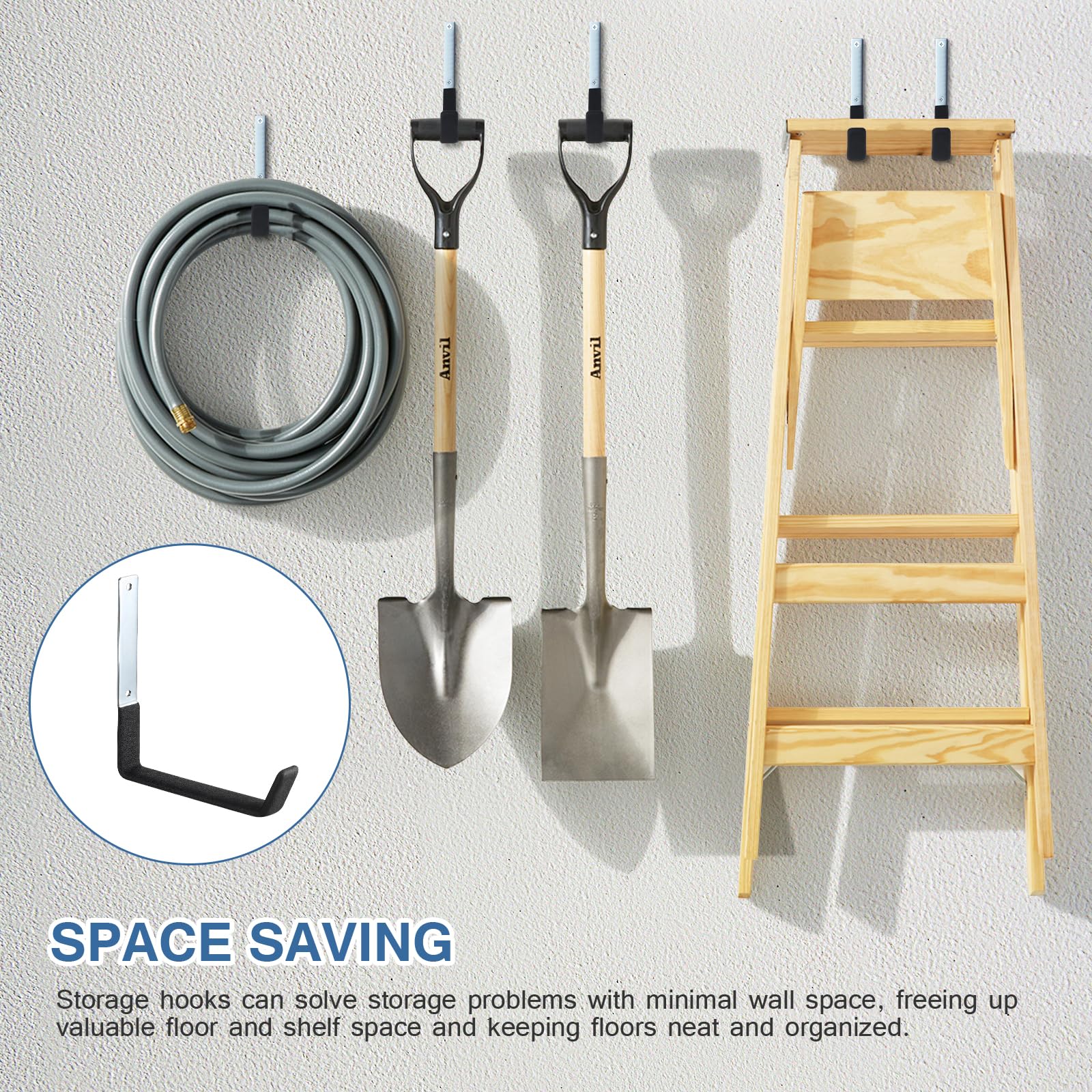 6PCS Crochets Mural de Garage, Crochets de Rangement pour Garage | Crochets de Garage Robustes, Wall Mounted Crochet Support Muraux pour Échelle, Tuyau, Tronçonneuse (3 Tailles, Argent+Noir)
