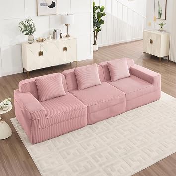 Cloud Sectional Couch 3 Seater, 117.3" Boneless Sofa for Living Room, Modular Sectional Sofa with Deep Seat & Throw Pillows, Fluffy Corduroy Comfy Couch, No Assembly Required, Pink