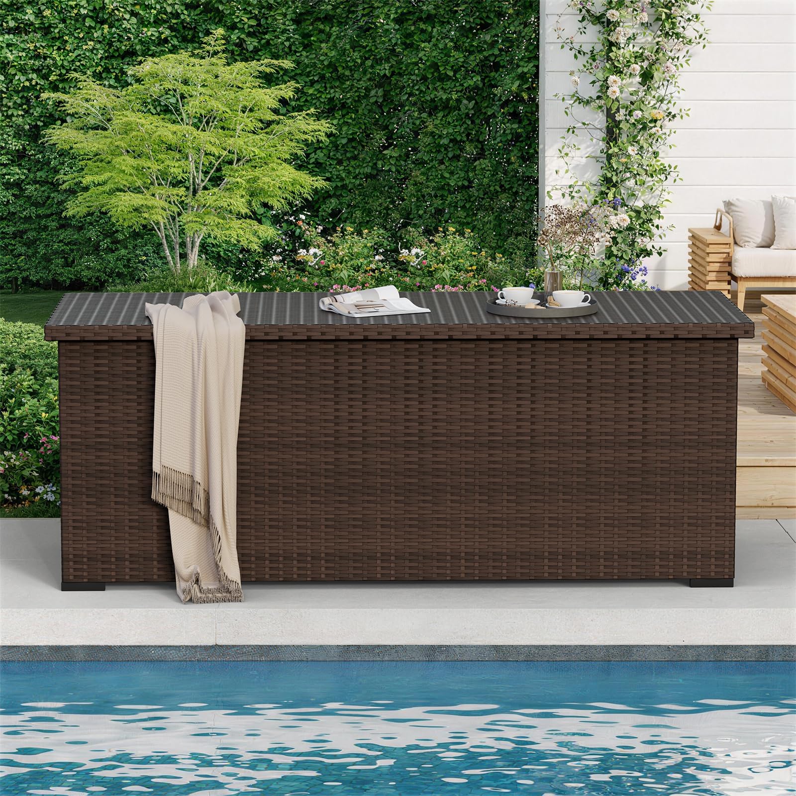 Amopatio 870L Gartenbox Auflagenbox wasserdicht, Kissenbox outdoor aus Polyrattan, Aufbewahrungsbox Metall mit Gasdruckfedern, Gartenkiste wetterfest für Garten, Balkon, Braun