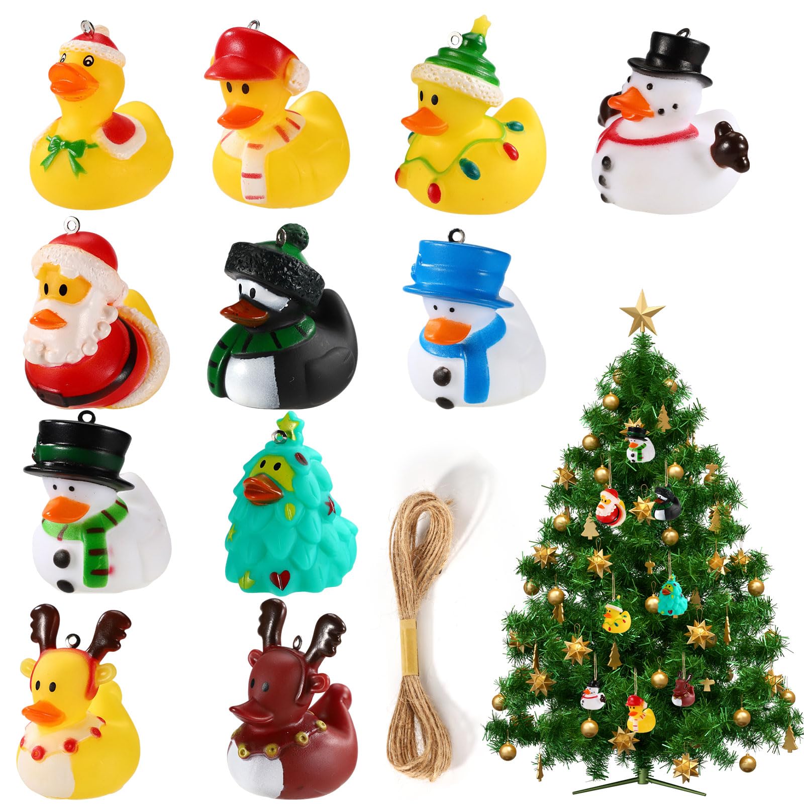 11pcs Small Cute Christmas Rubber Ducks Toys, Novelty Assorted Mini Christmas Duck Favors with Rope Xmas Eve Stocking Fillers Multipack for Cruise Ship Bath Pool Holiday Decoration