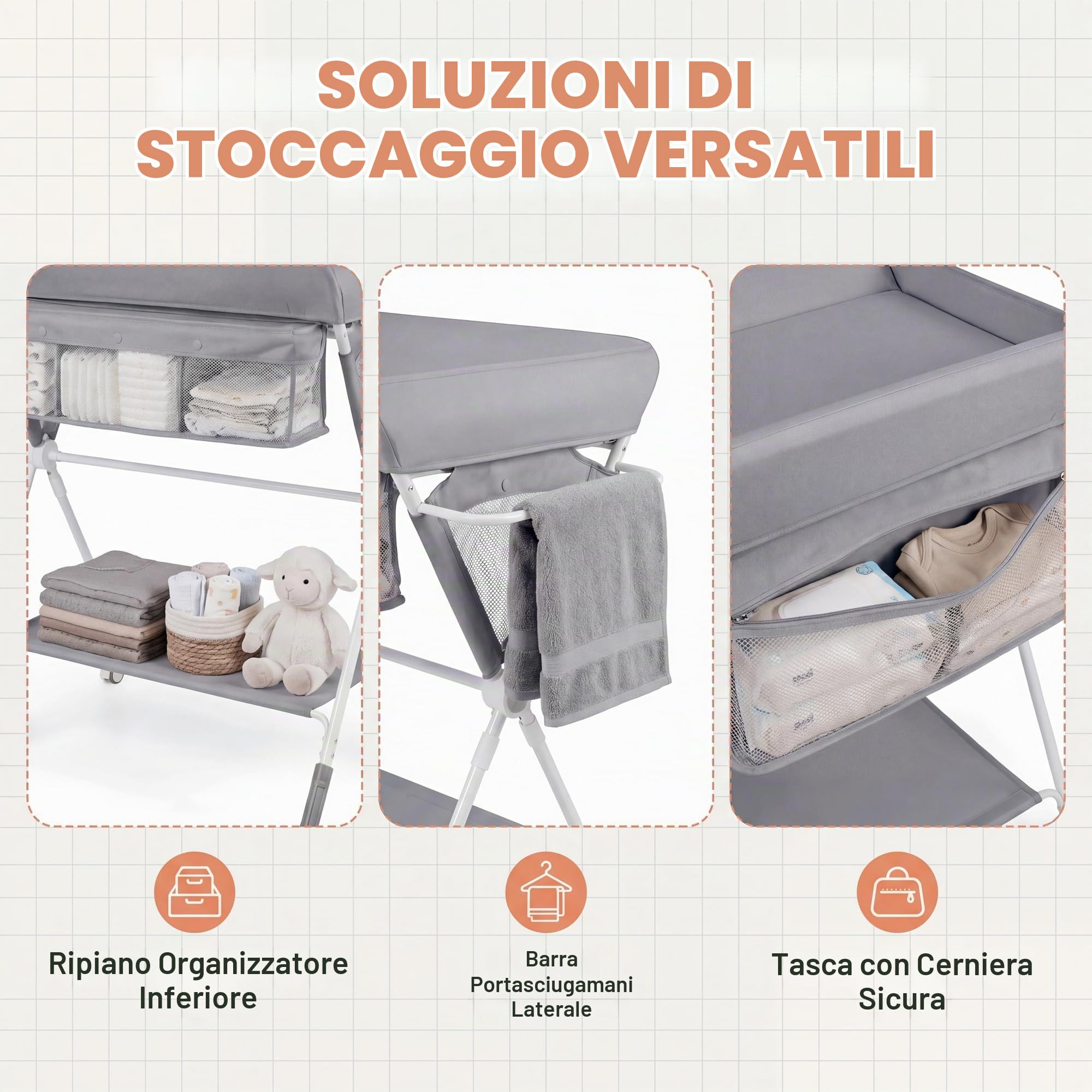 LIFEZEAL Fasciatoio Neonato, con Cestino Portaoggetti, Cintura di Sicurezza e Ruote, Regolabile in Altezza con Cesto Portaoggetti, per Bambini 0-12 Mesi, Portata 11 kg (grigio)
