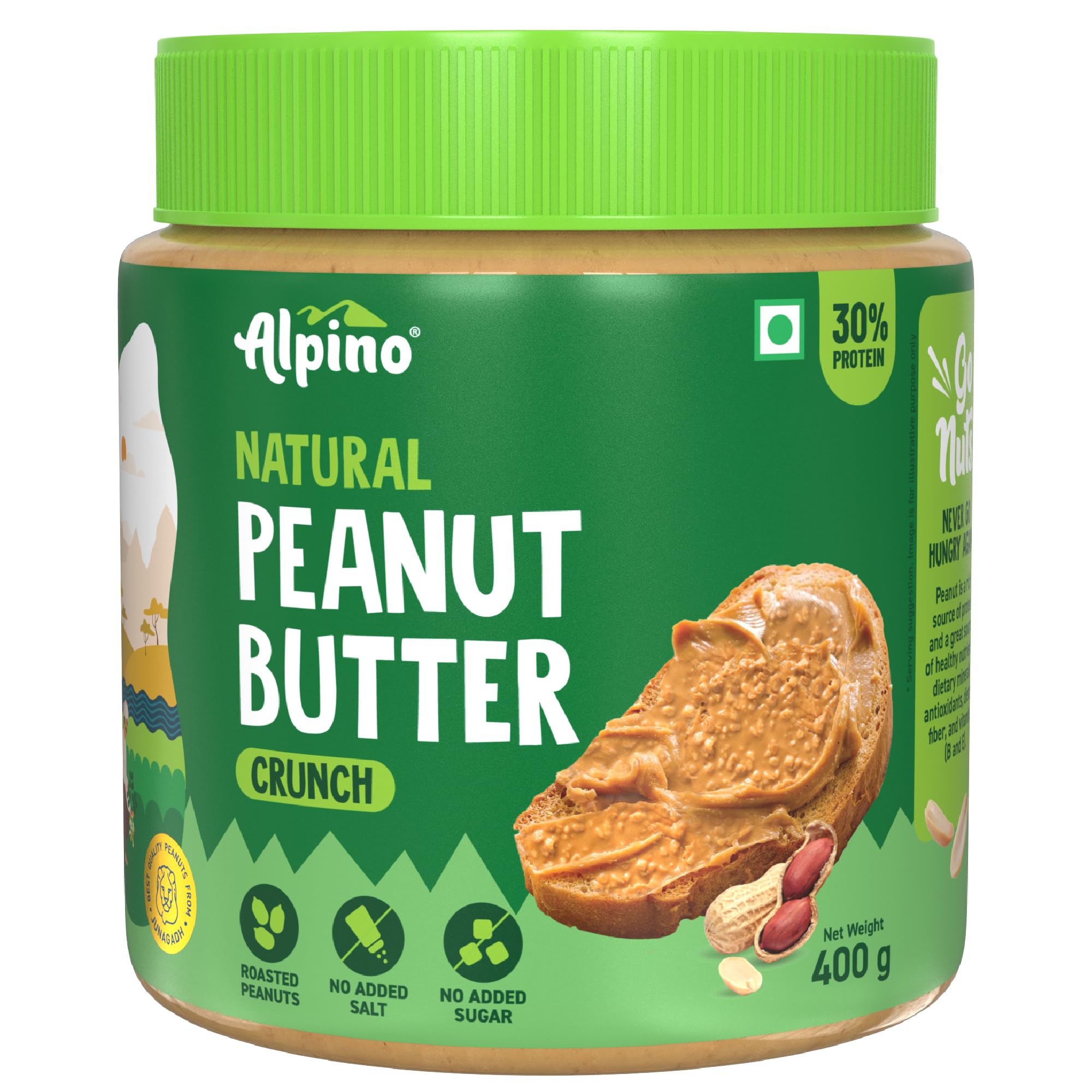 AlpinoNatural Peanut Butter Crunch | 30% Protein | Made with 100% Organic Roasted Peanuts | No Added Sugar and Salt | Peanut Butter Crunchy (14.1 Ounce)