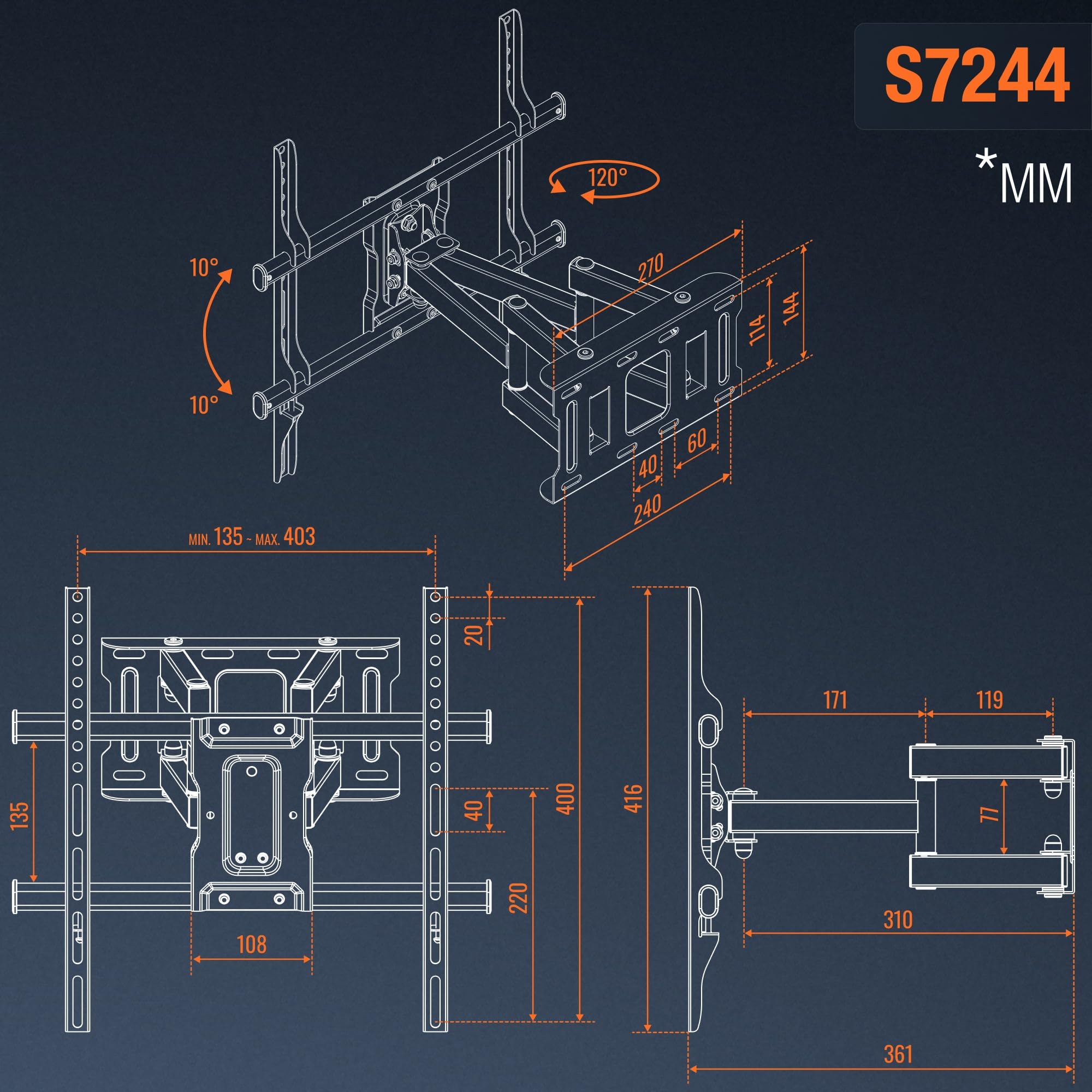 RICOO S7244 Supporto TV da parete Staffa TV 55-65 pollici per 55 60 65 pollici girevole inclinabile fino a 60 kg max VESA 400x400