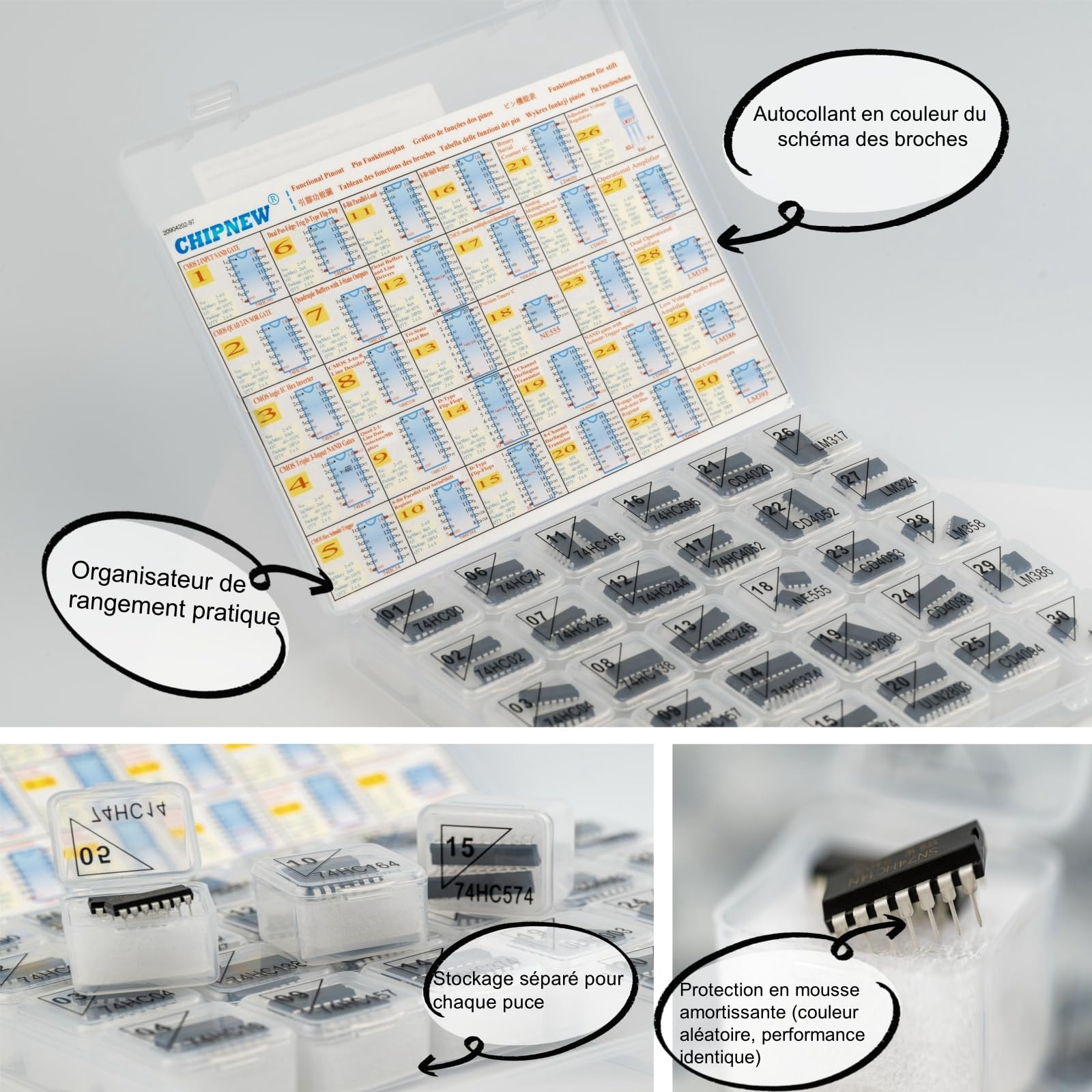 IC Kit Pro Edition 64-in-1 IC Assortment Kit : Logic Gates 74HCxx+CD40xx, 555Timers, LM358 Amplificateurs, Transistors & Plus ! avec Organisateur rembourré & Matériel de protection ESD