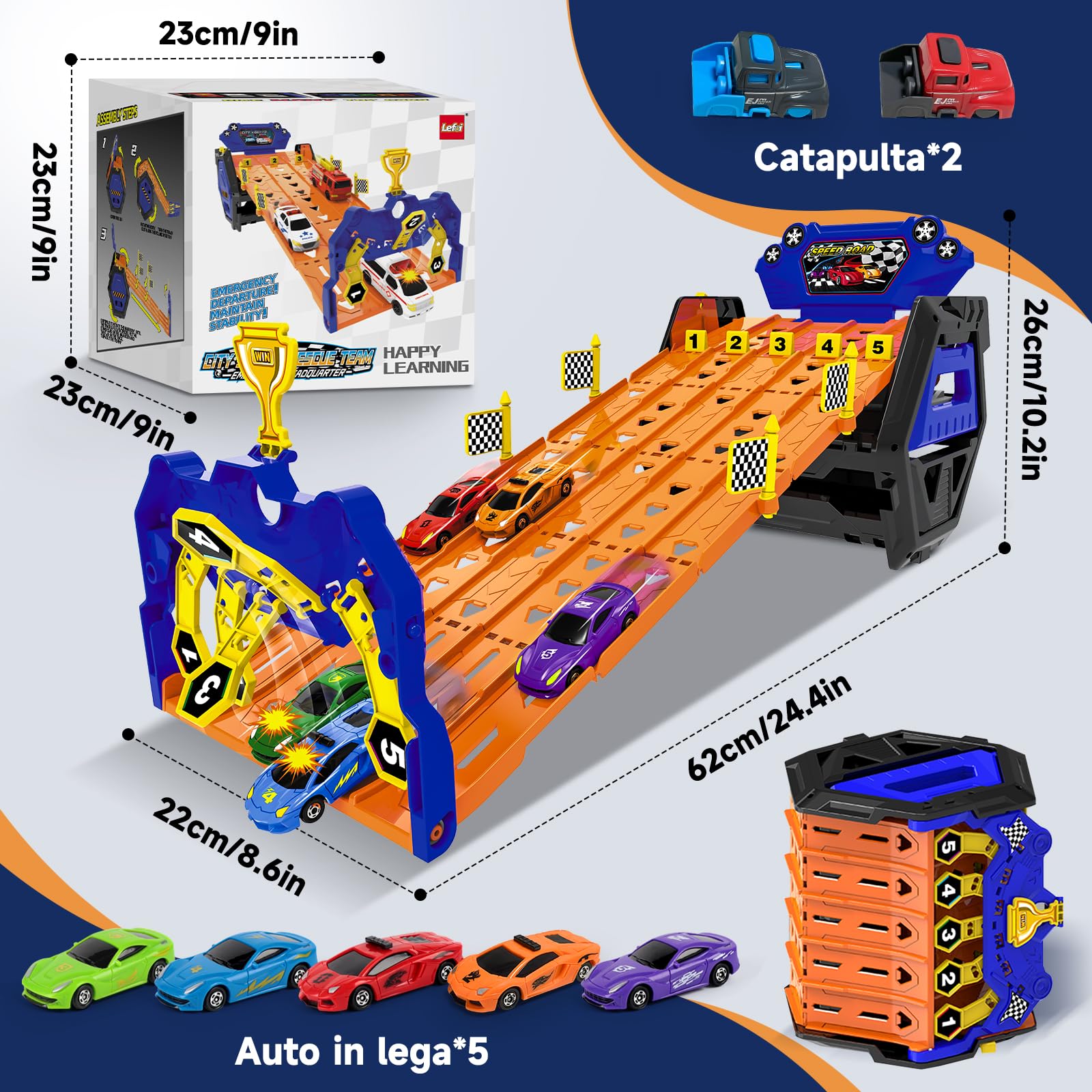 BuzzoXerex 5 in 1 Macchine Pista, Camion Trasportatore con 5 Auto, Giocattolo Pista da Corsa Storage Bucket per Bambini, Regalo di Macchinina Giocattolo per Bambino 3 4 5 6 7 8 Anni