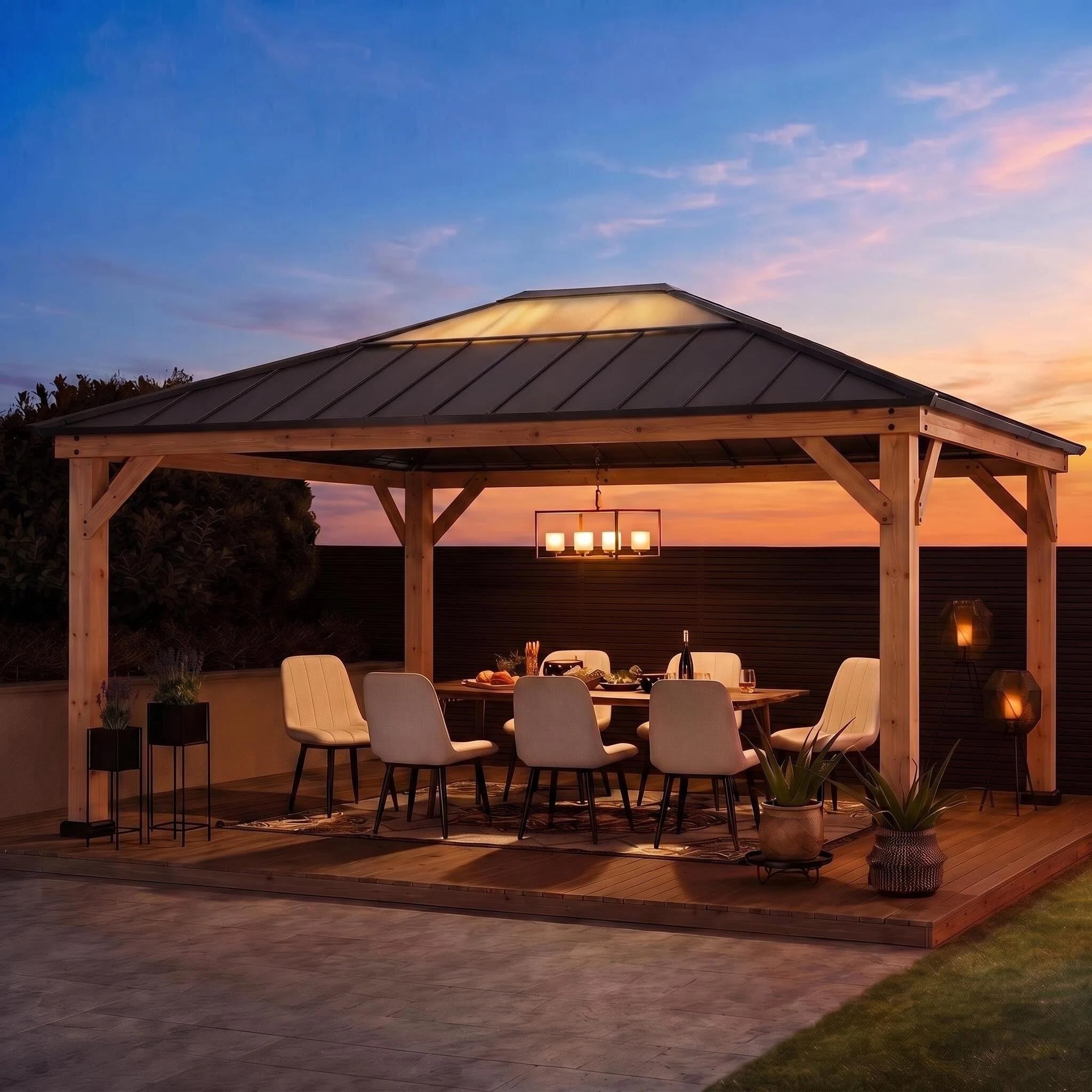 SUNJOY 3,9x4,5 m Holzpavillon mit lichtdurchlässigem Dachfenster, Pavillon Holz wasserdicht stabil Winterfest, Hardtop Stahldach, 14 cm Pfosten, Gartenpavillon für Terrasse & Deck
