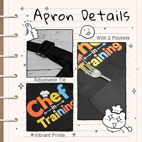 Miniatura 6 de Juego de delantal de chef para niños, delantal de cocina ajustable con 2 bolsillos, negro, para niños y niñas de 3 a 8 años