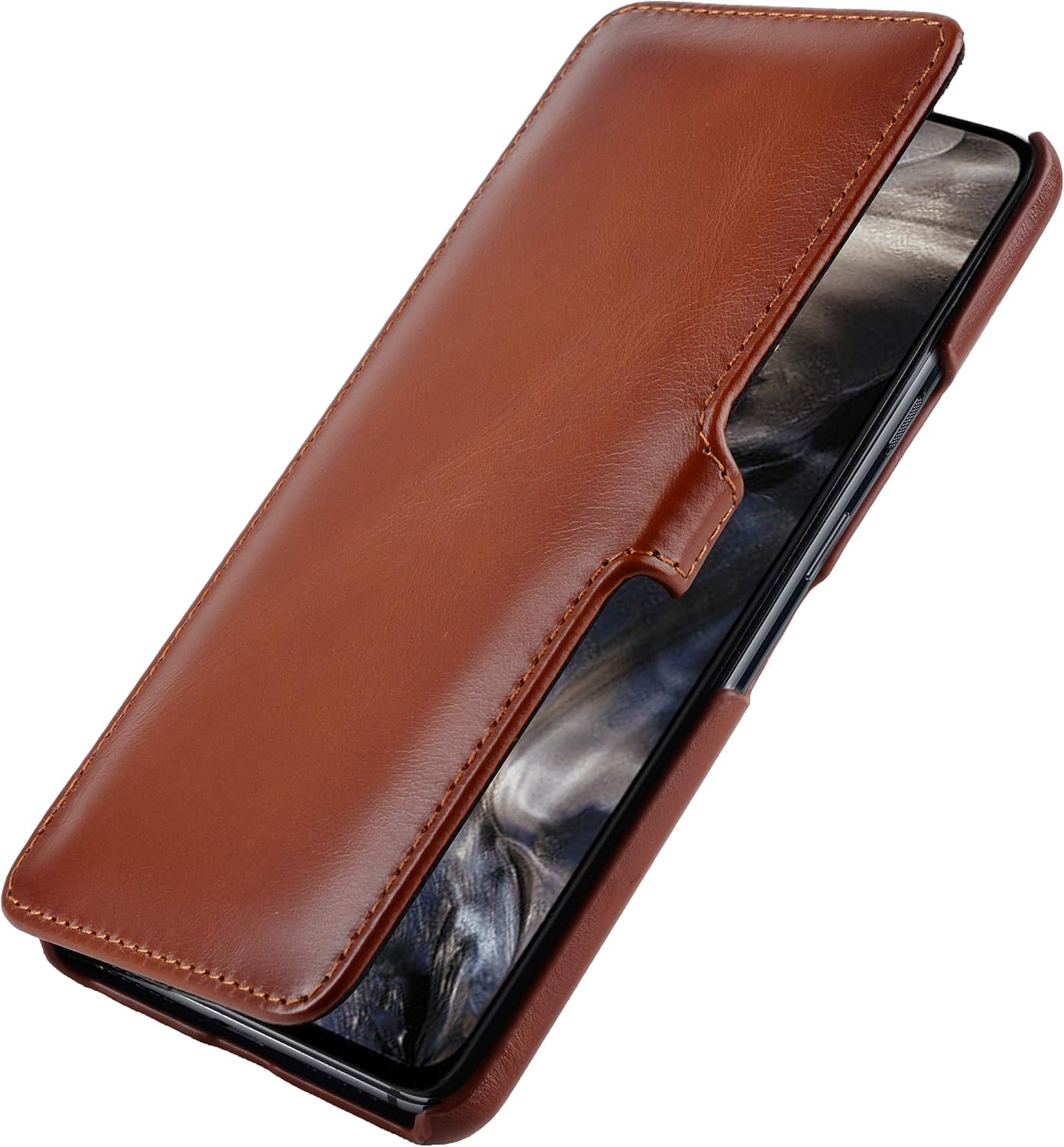 StilGut Book Type Flip Case for OnePlus Nord Genuine Leather OnePlus Nord Case with Closure, Cognac Antique