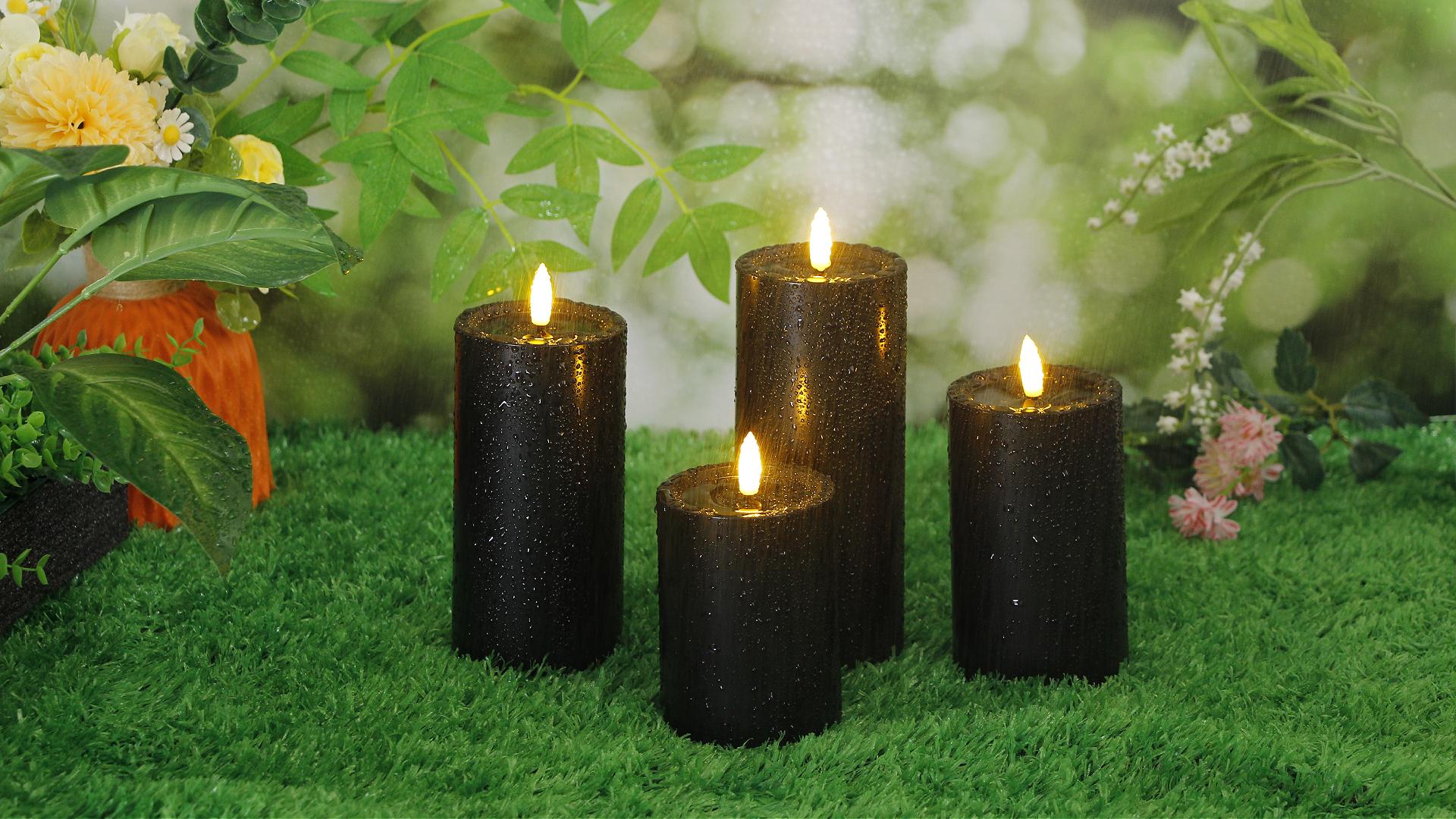 Image of Yeelida Outdoor Halloween 4pcs Flameless Waterproof Candles with Handy Remote Control, Cycle Timer Battery Operated Candle Grease LED Flickering Pillar Plastic Long Lasting (Black, 3 inch x4 inch 5 inch 6 inch 7 inch)