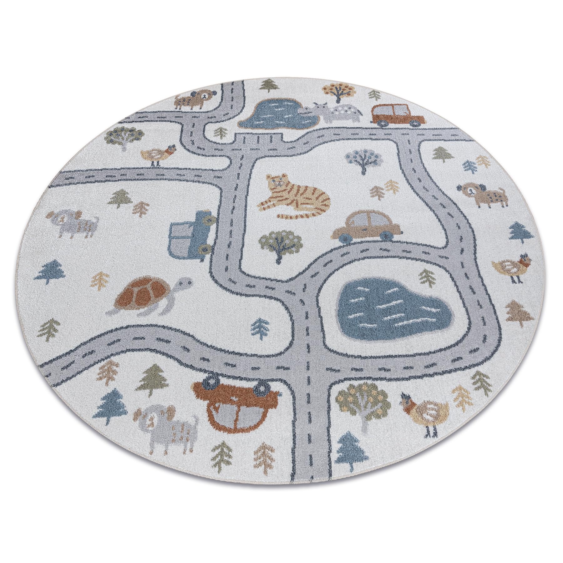 rugsx Tappeto bambini BONO 8283 Per la stanza del bambino, tappeti da gioco, camera dei bambini, Strada, animali, crema/grigio chiaro, cerchio 100 cm