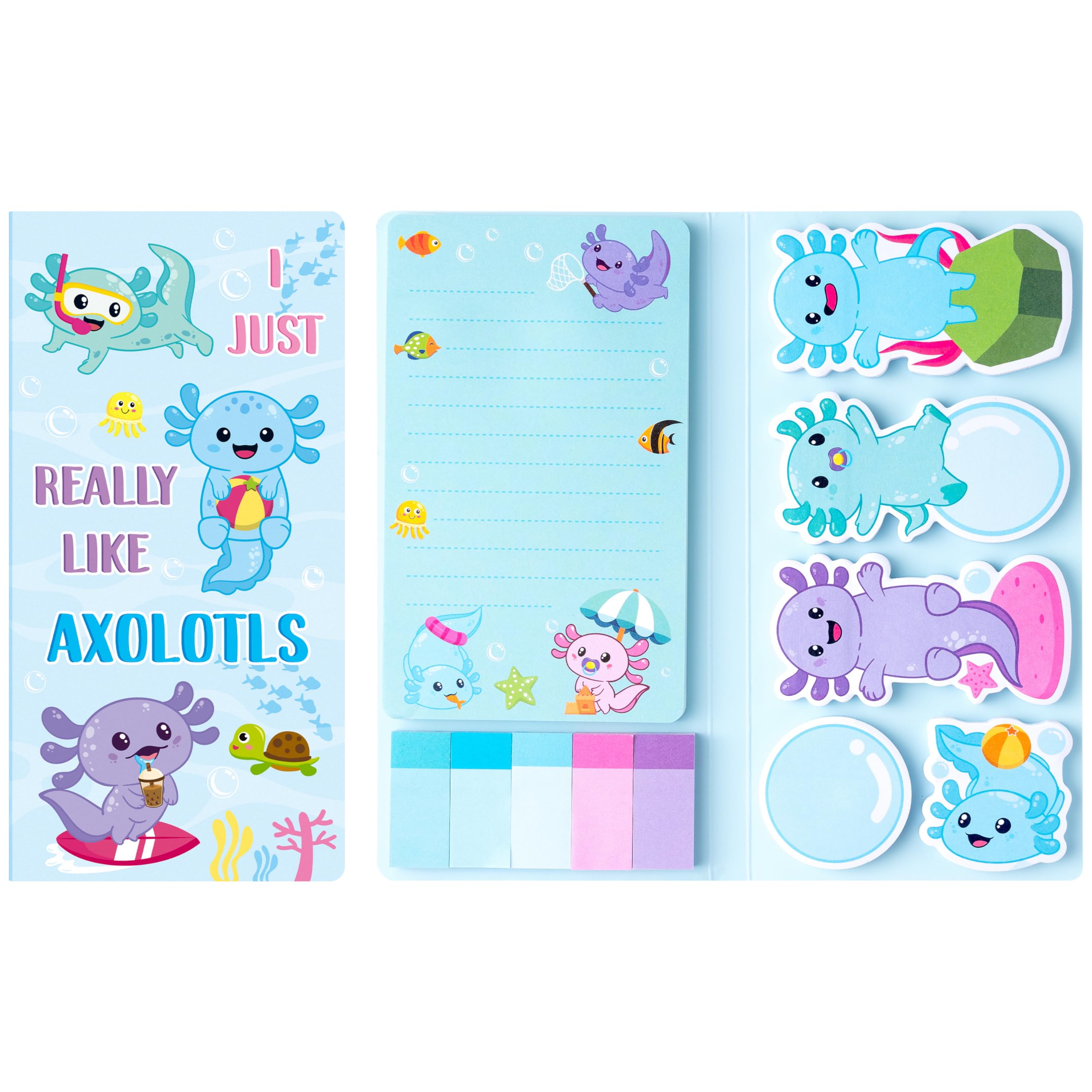 Xqumoi I Just Really Like Axolotl Sticky Notes Set, Animal Mexican Walking Fish Shaped Self-Stick Notes Pads Writing Memo Pad Page Marker Bookmarks