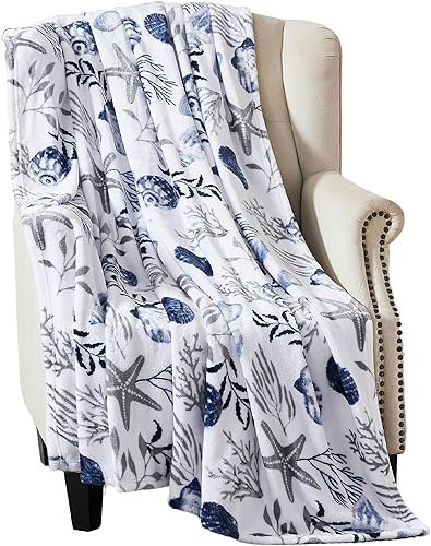 Manta decorativa para decoración del hogar, vida oceánica, costera forro polar de terciopelo de felpa suave, tonos calmantes de azules, grises sobre