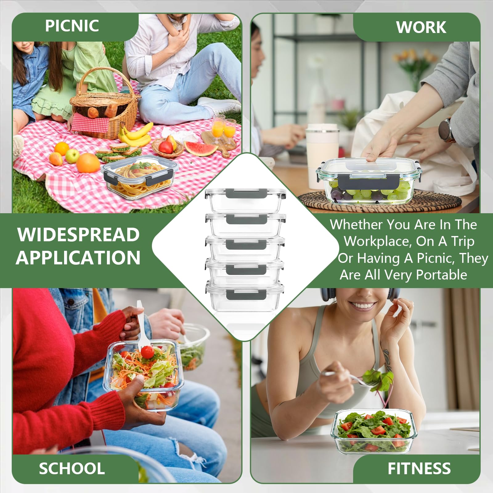 Paquete de 5 recipientes de vidrio para almacenamiento de alimentos, recipientes de vidrio de 1040 ml con tapas, apilables, herméticos, aptos para horno, microondas, lavavajillas, recipiente de vidrio