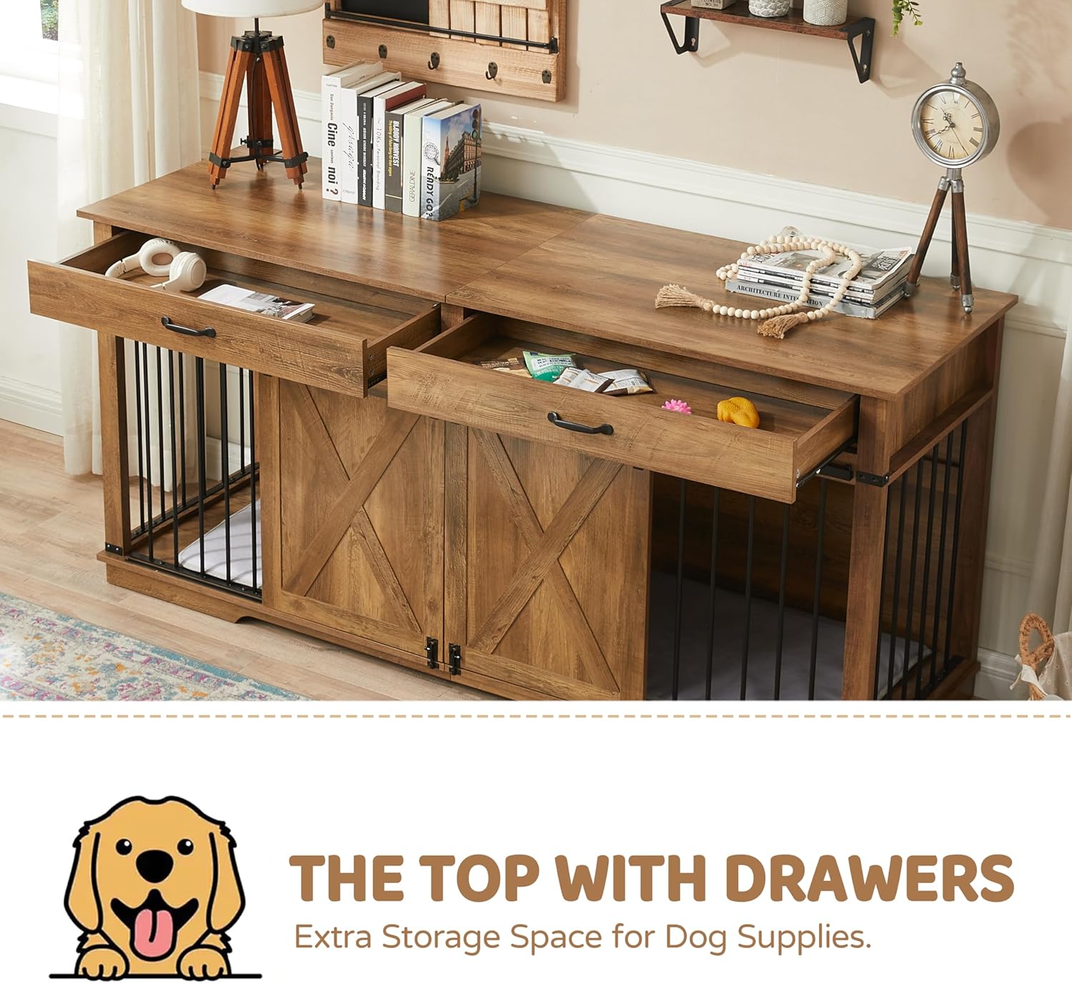 72.5" XXL Wooden Double Dog Crate Furniture for 2 Large Breeds, Farmhouse Barn Door, Removable Divider, Water Resistant with Built-in Drawers, Home Decor Pet Kennel, Rustic Oak