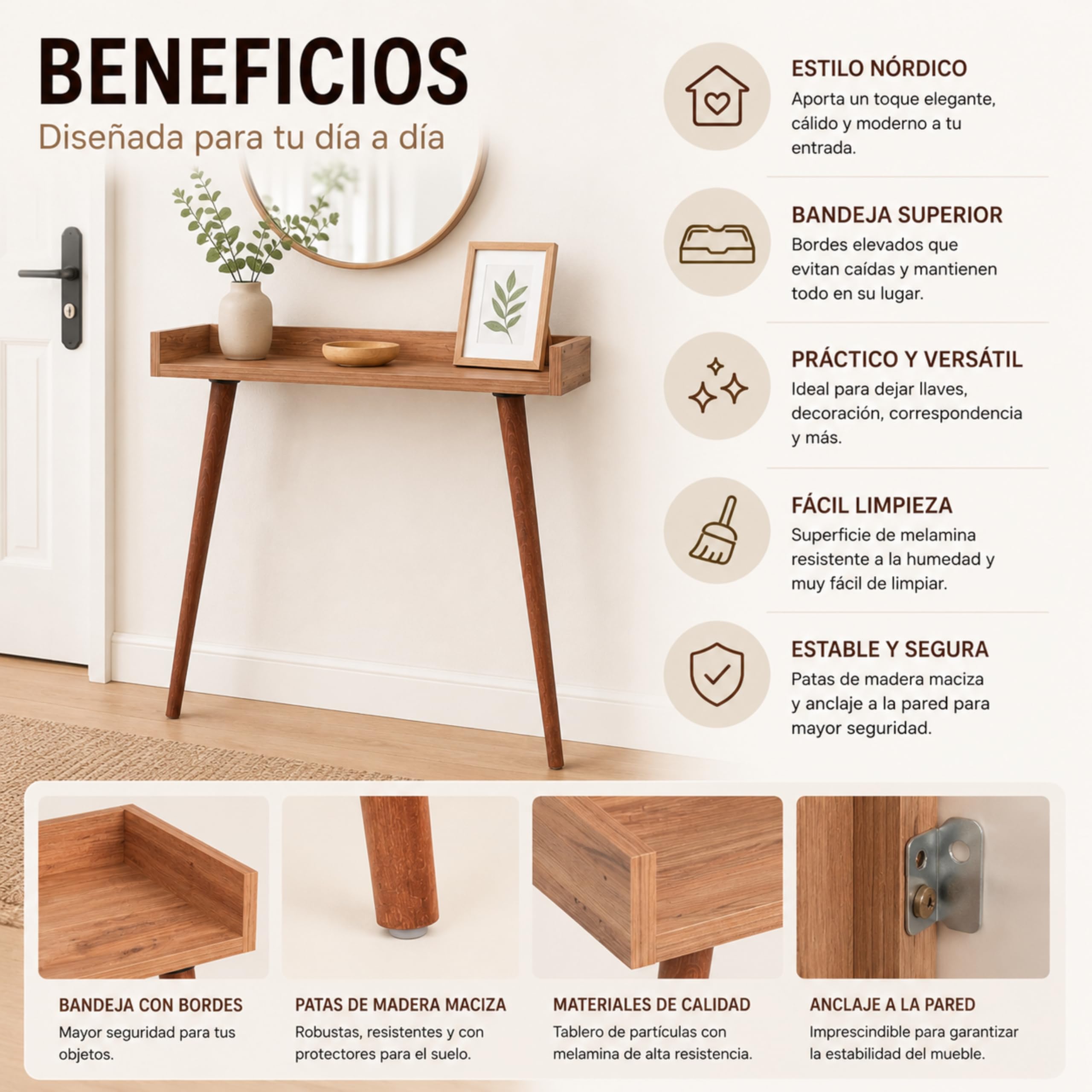Recibidor Consola, Mueble de Entrada 82 x 32 x 81 cm. Aria (Atlantic Pine)