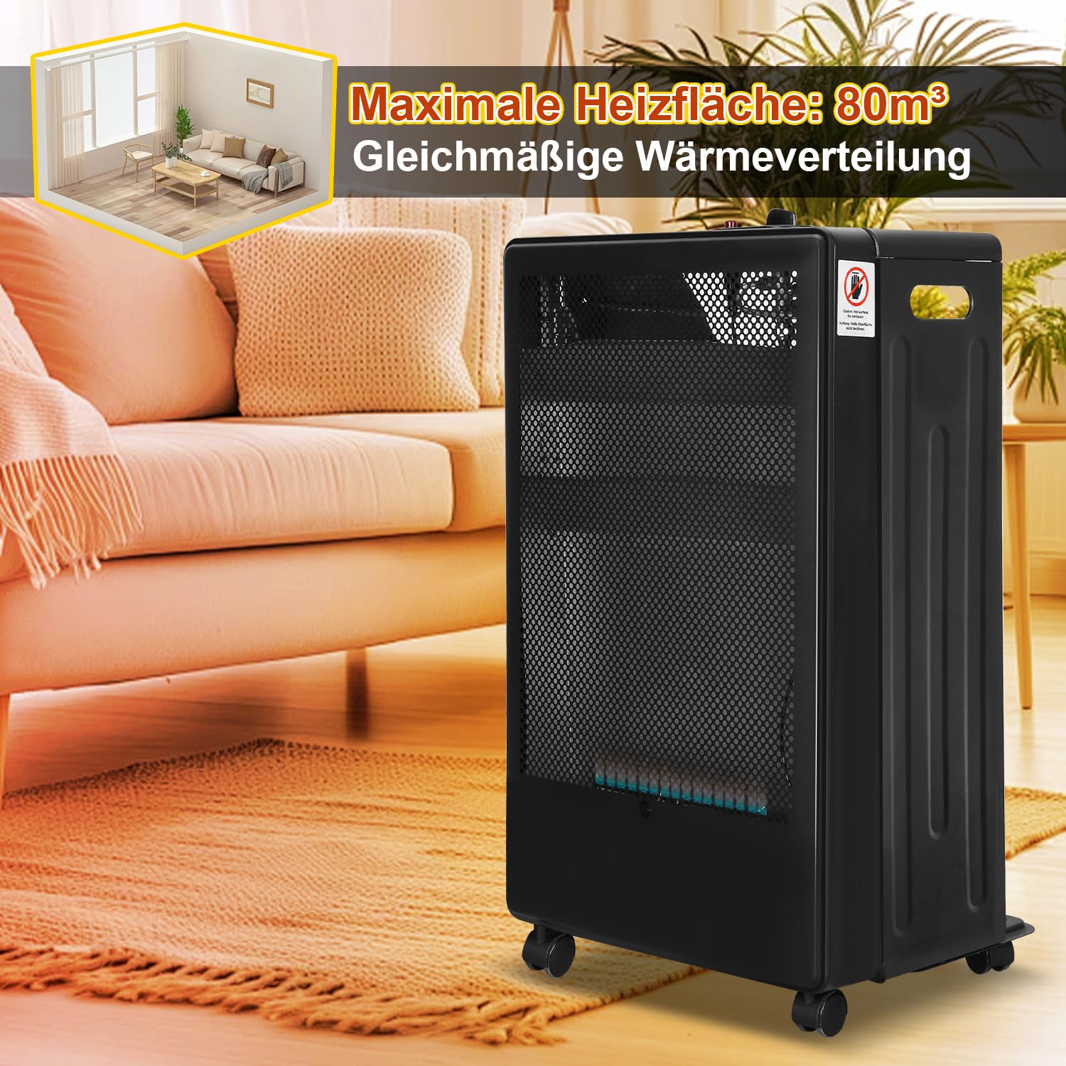 Grzejnik gazowy do wnętrz, 2 stopnie ogrzewania, 2200 i 3800 W, pojemność grzewcza do 80 metrów sześciennych, do butli gazowych 15 kg, niebieski płomień, palnik ze stali nierdzewnej, w