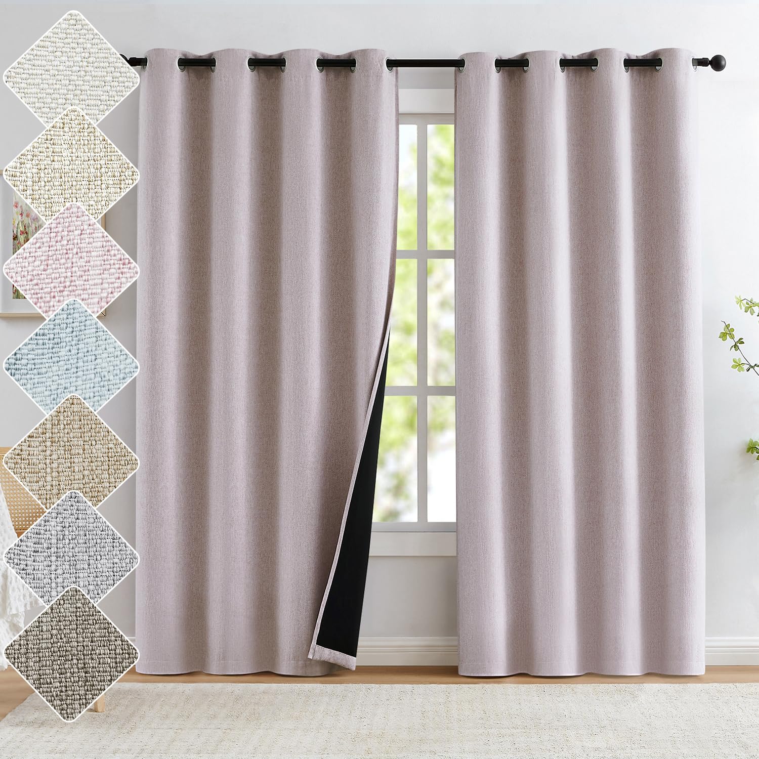 Pink Linen 100% Blackout Curtains for Bedroom 108" Length Thermal Insulated Curtain Drapes for Living Room Guest Room Nursery 52X108 2pc