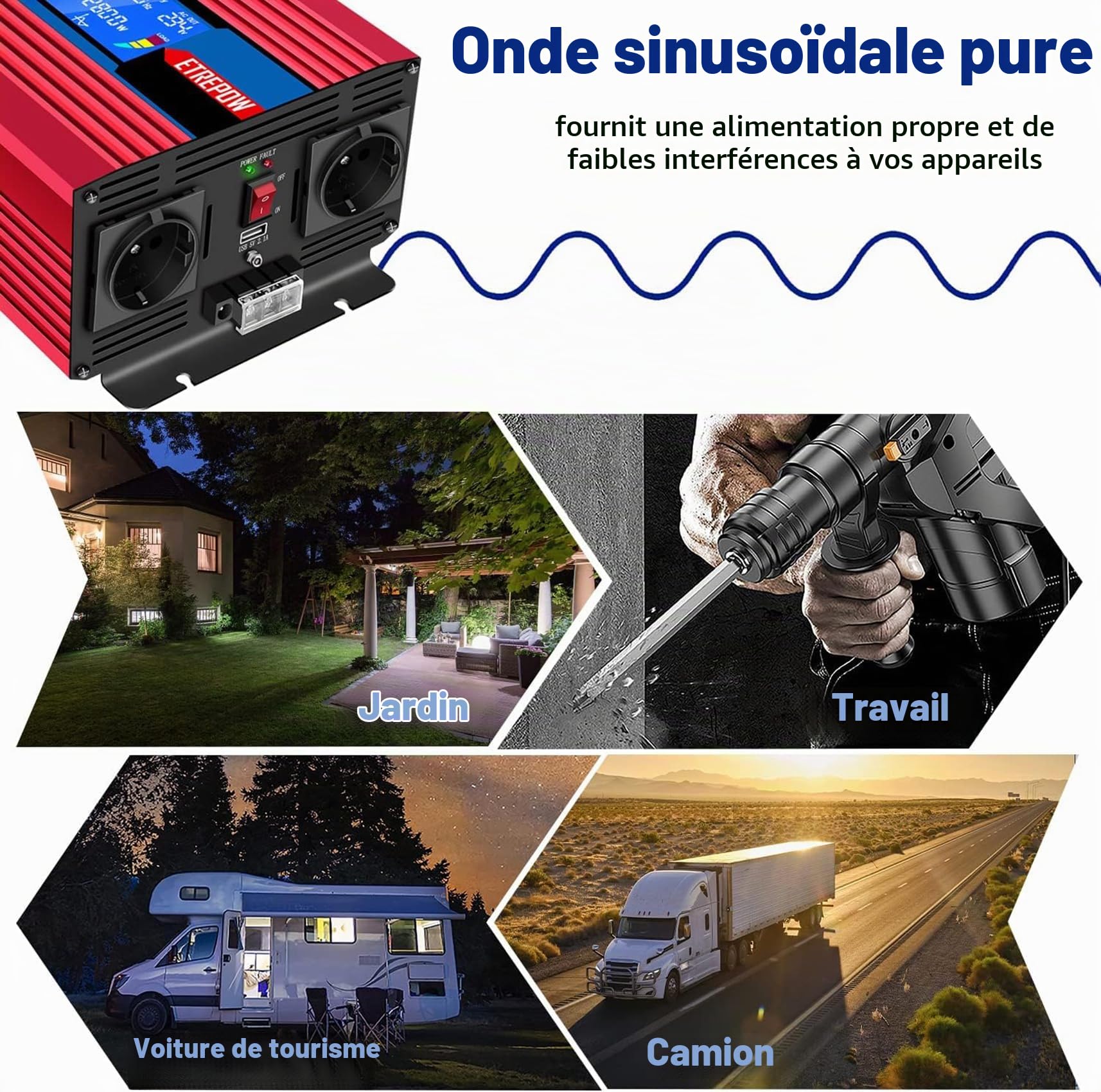 4000W convertisseur 24v 220v Pur Sinus transformateur | 2 Prises EU AC et USB, télécommande sans Fil et écran LCD Onduleur pour Les systèmes Solaire, Voiture, Camping, Voyage