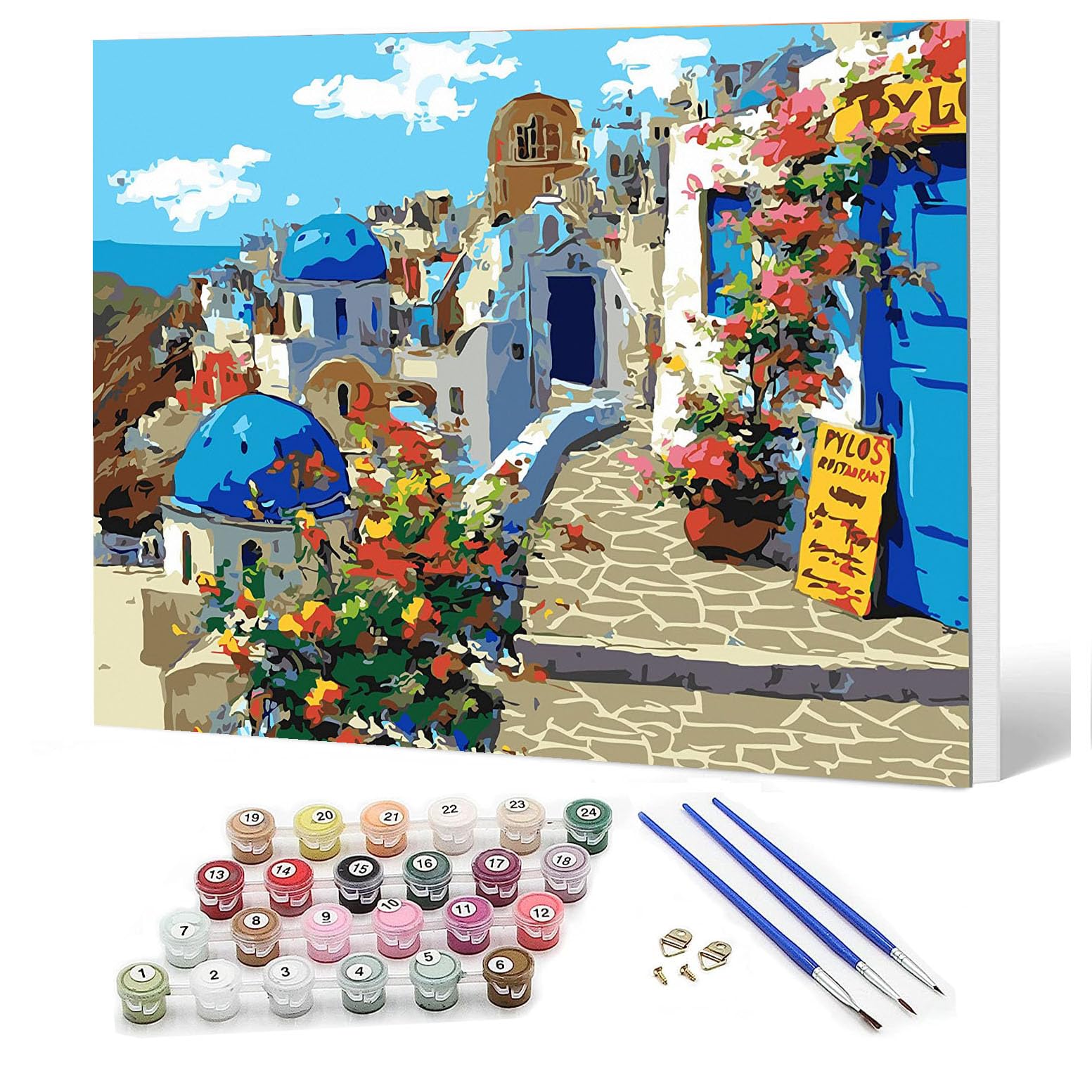 Wooden FramePaint by Numbers DIY Oil Painting for Adults, Beginners and Kids, 12" Wx16 L Pack Canvas Pictures Drawing Paintwork with 6Pcs Wooden Paintbrushes and Doubled Pigment Aegean Sea Scenery