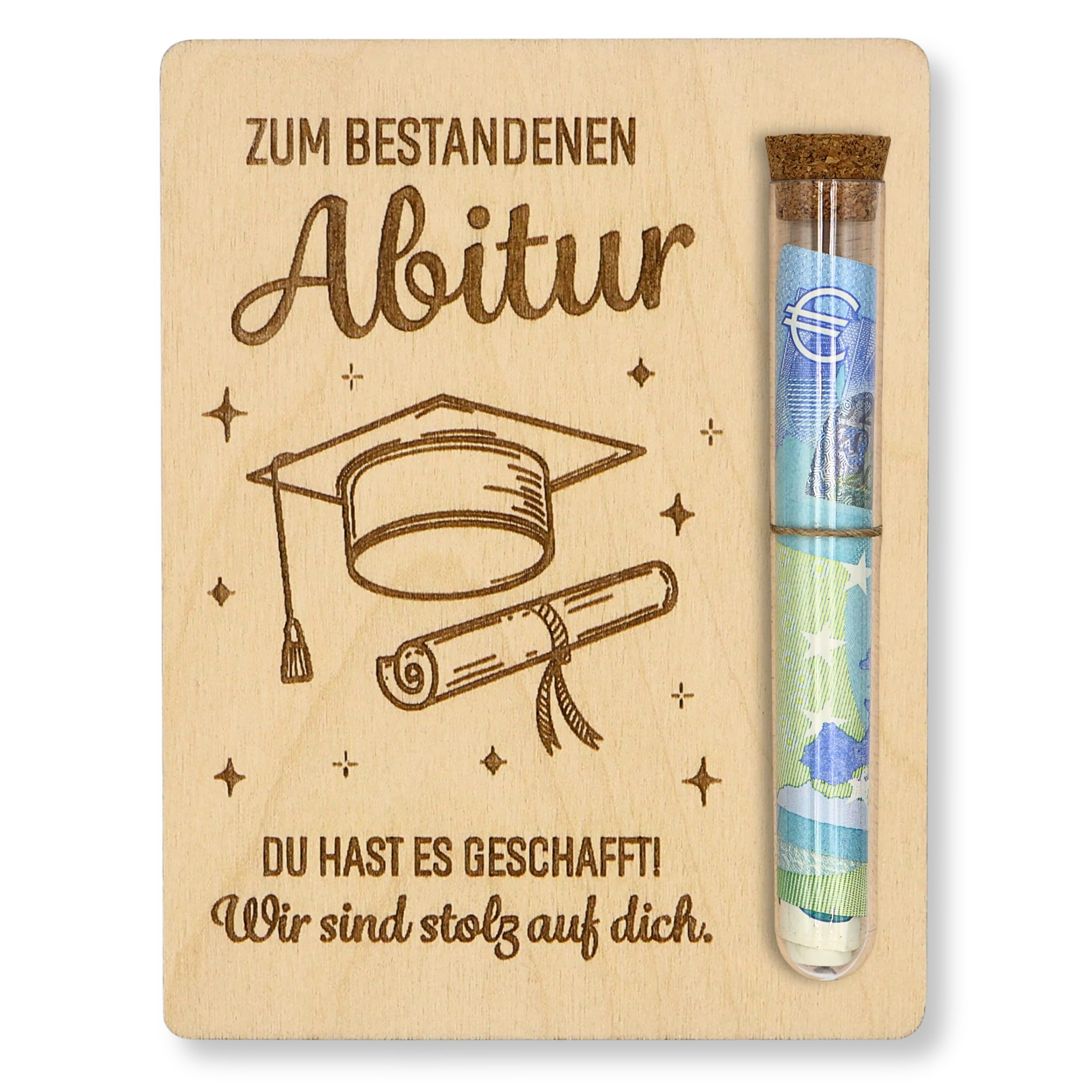 ZUKLA Verpackung für Geldgeschenke Abi - 13 x 10 cm - mit Reagenzglas - Geschenk zum Abitur - Geldgeschenk Verpackung aus Holz - Geschenke zum bestandenen Abitur