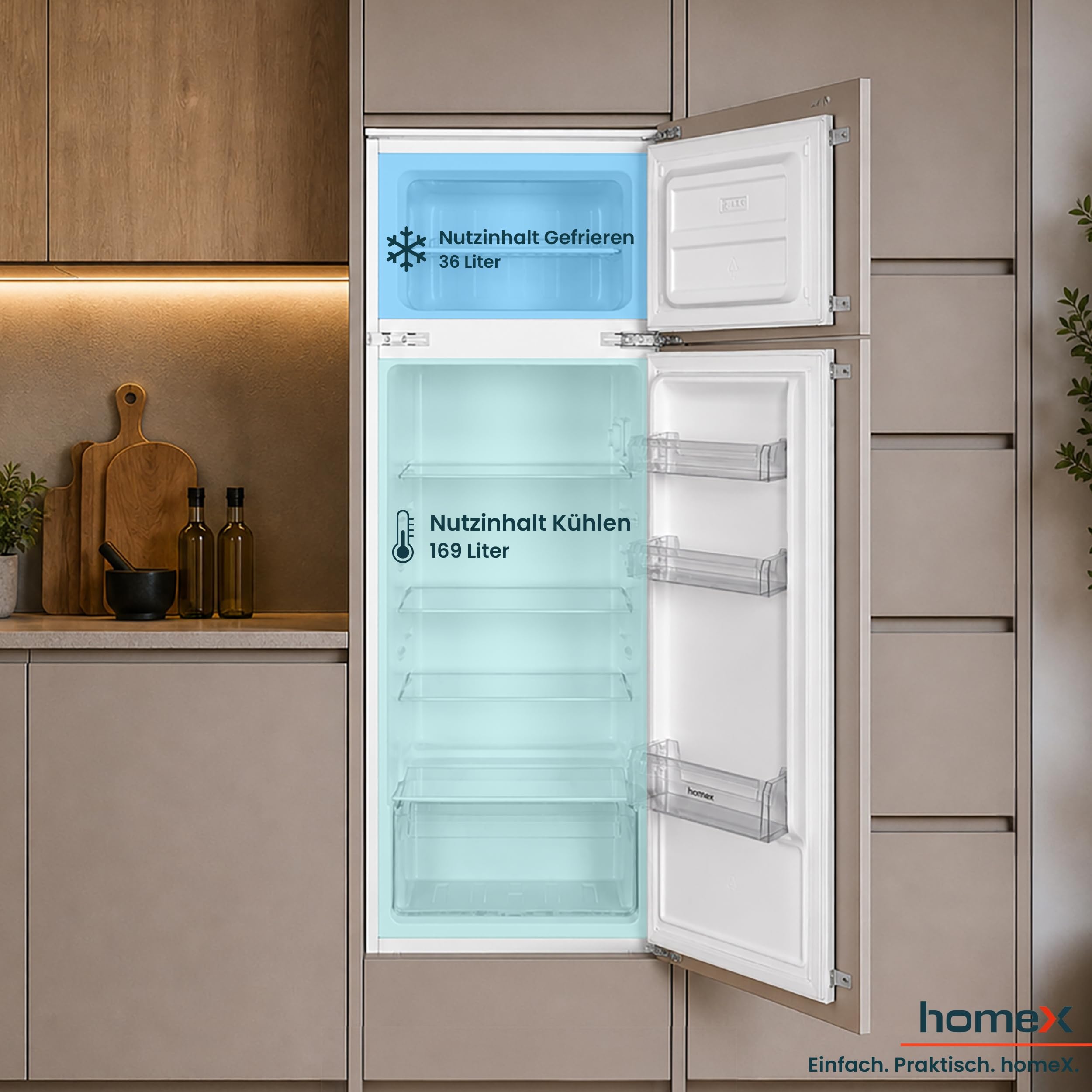 homeX CFB2051E Einbaukühlschrank mit Gefrierfach 145cm Nische 205 Liter | Einbau Kühl Gefrierkombination, Schlepptürtechnik, LED-Beleuchtung, leise 37 dB, Türanschlag wechselbar, 4-Sterne Gefrieren