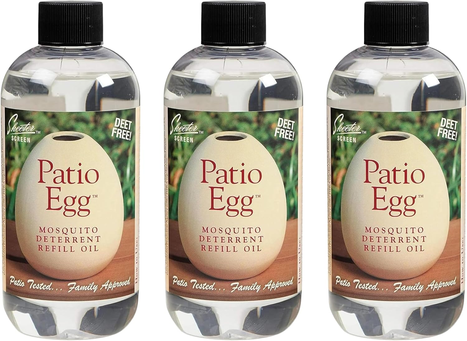 Skeeter Screen 90602 Patio Egg Refill Oil – 8 Fl Oz (3 Pack) – Essential Oil Blend with Geraniol & Lemongrass – for Use with Patio Egg Diffuser – DEET-Free, Long-Lasting, Natural Scent