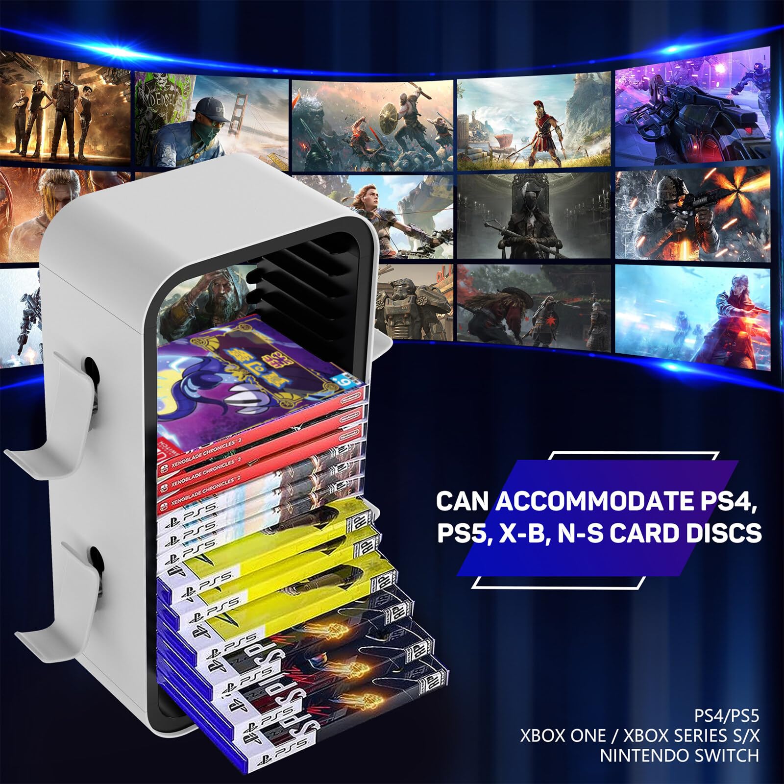 Supporto universale per giochi, torre di archiviazione per 18 giochi, torre di archiviazione per giochi con supporto per controller per PS5, PS4, Xbox, Nintendo Switch
