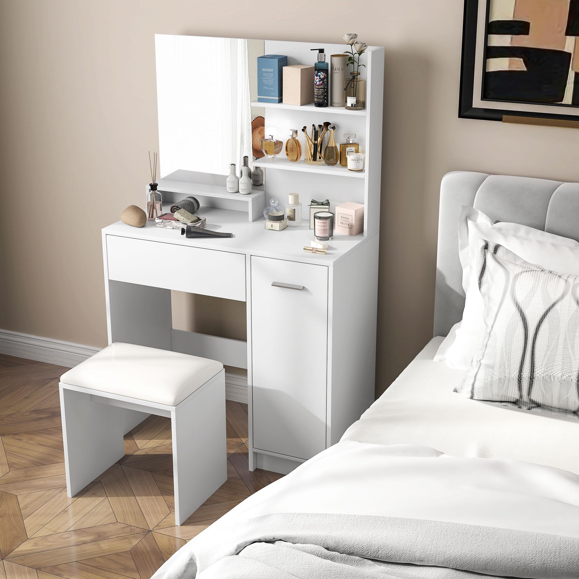 HOMCOM Toeletta Trucco con Specchio e Sgabello con Cassetto Bianco | Postazione Trucco, Armadietto e Ripiani in Legno