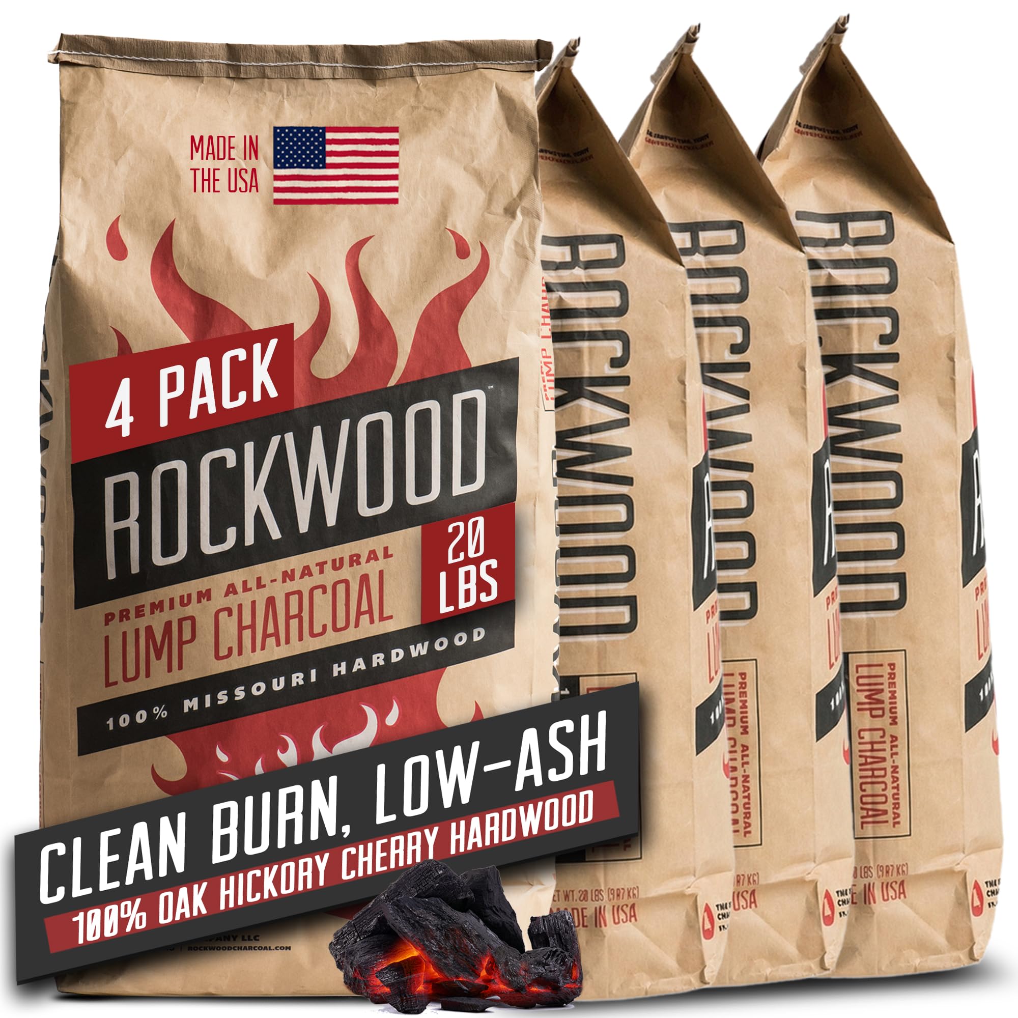 Rockwood Natural Lump Charcoal – Hardwood Lump Charcoal - 20 lbs, 4 Packs