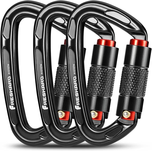 FresKaro CE and UIAA Certified Climbing Carabiners, 25kN/2550kg, Twist Lock, Suit for Rock Climbing, Rappelling, Camping, Dog Leash, Hammock, Swing, Yoga etc, D Shaped, Large Size, Black and Spacegray