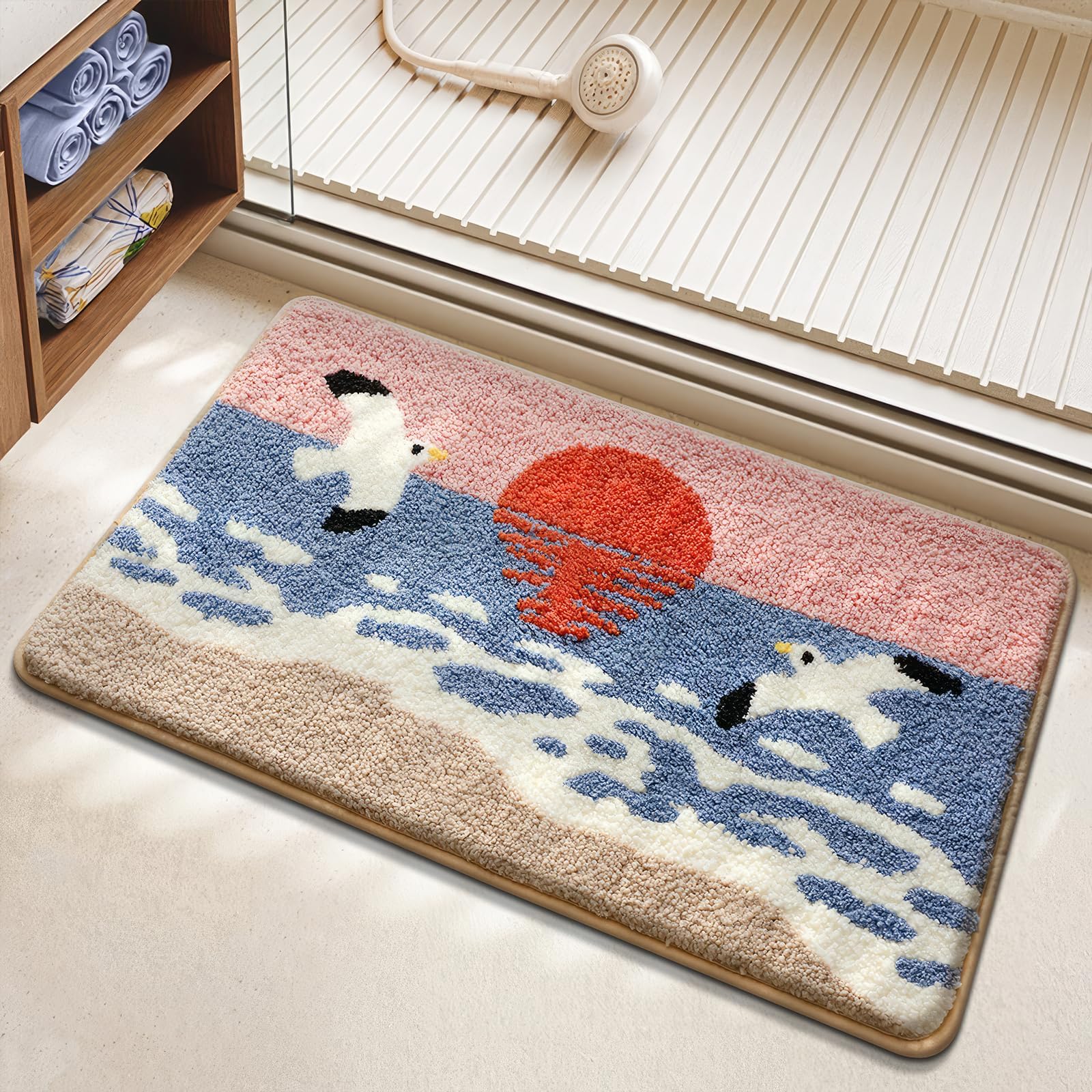 AVEKI Beach Bathroom Rugs, Seagulls Sunset Coastal Theme Rug, Wave Pattern Plush Bath Rugs Non Slip Washable, Cute Bathroom Mat Quick Dry Decor for Shower Bedroom Entrance 20" x 31" (Seagulls) — image 1