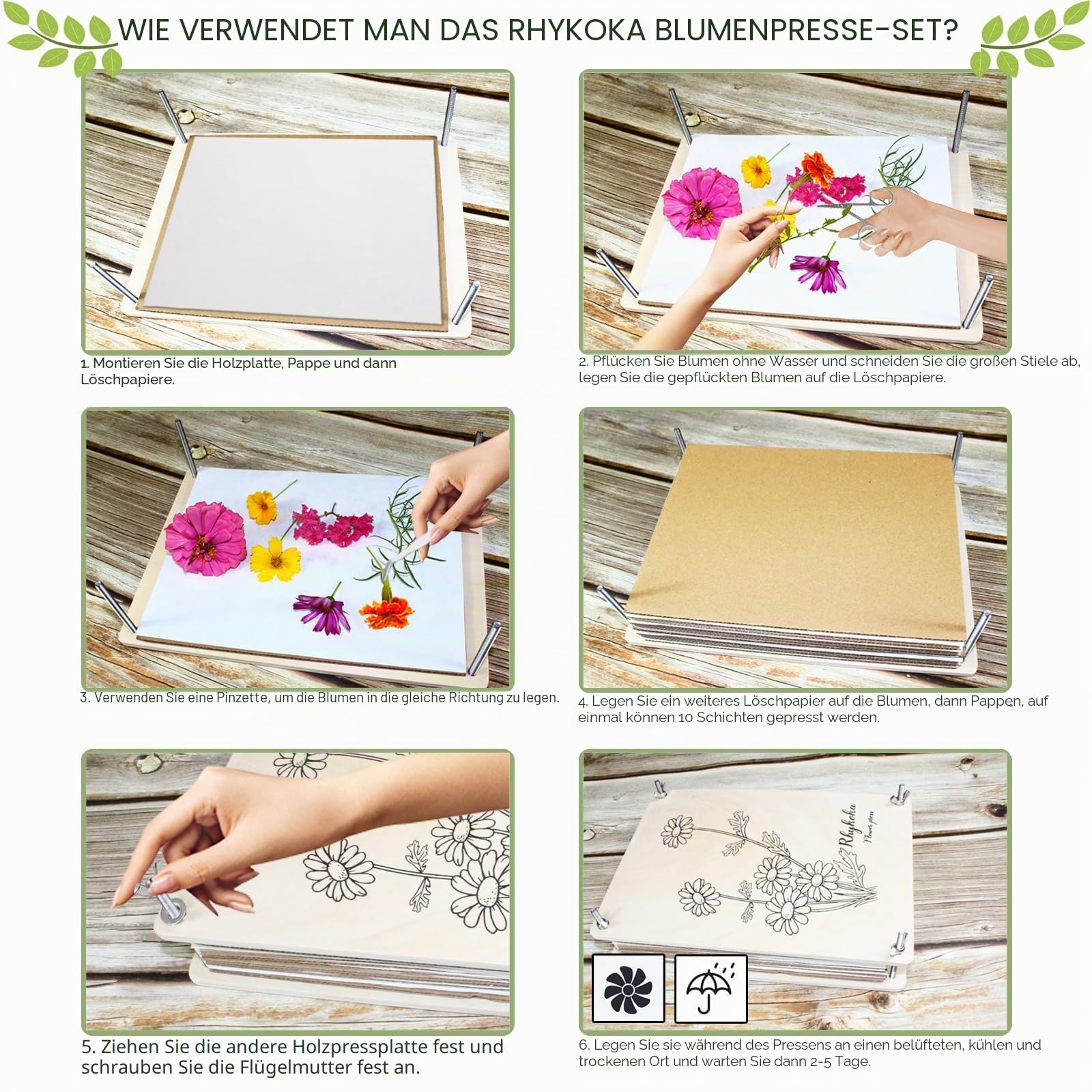Rhykoka Große Blumenpresse Kit für Erwachsene, 10 Schichten 30 x 21 cm Blumen Presse Kit Holz Blumen Presse Kit für DIY Liebhaber Kunst Handwerk (Holz)