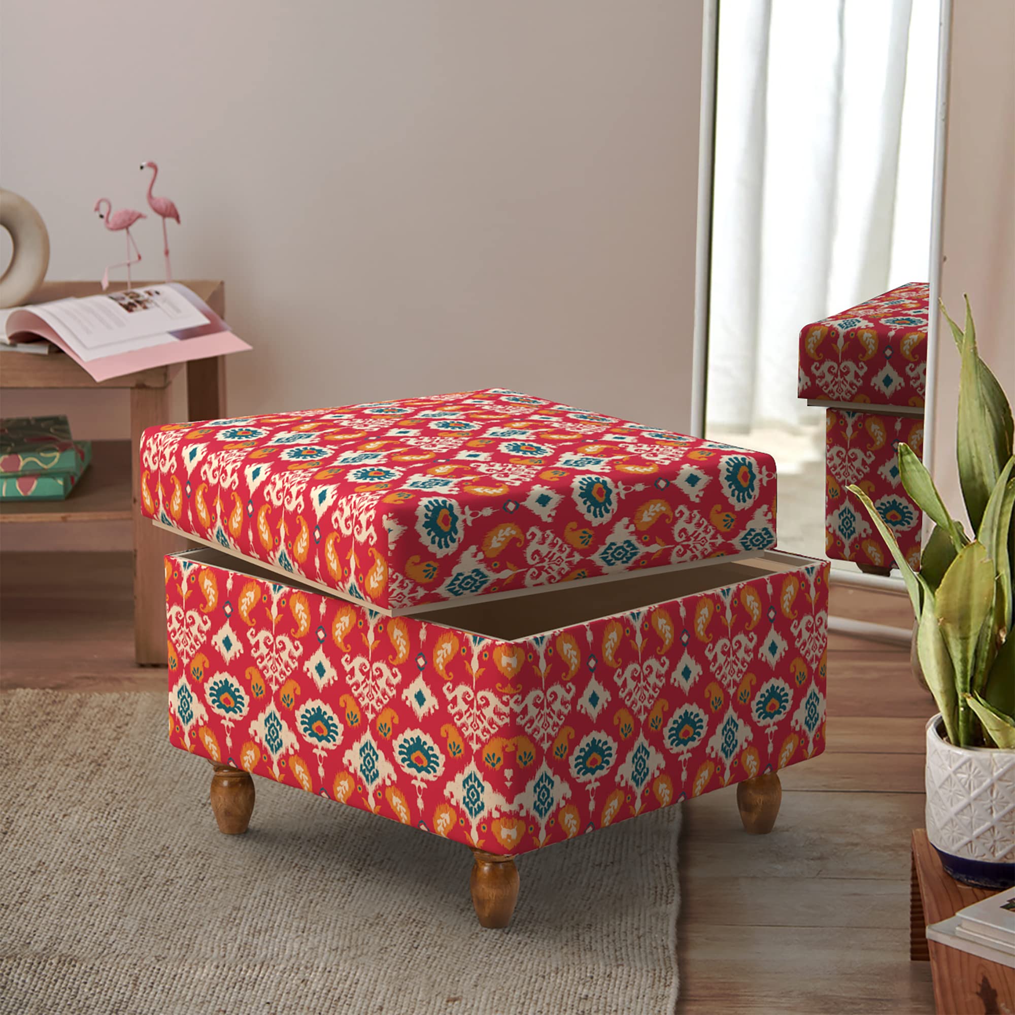 Chumbak Modern Trunk Storage Ottoman - Red Ikkat (1 Seater Ottoman, Mango Wood, Red)-image-36