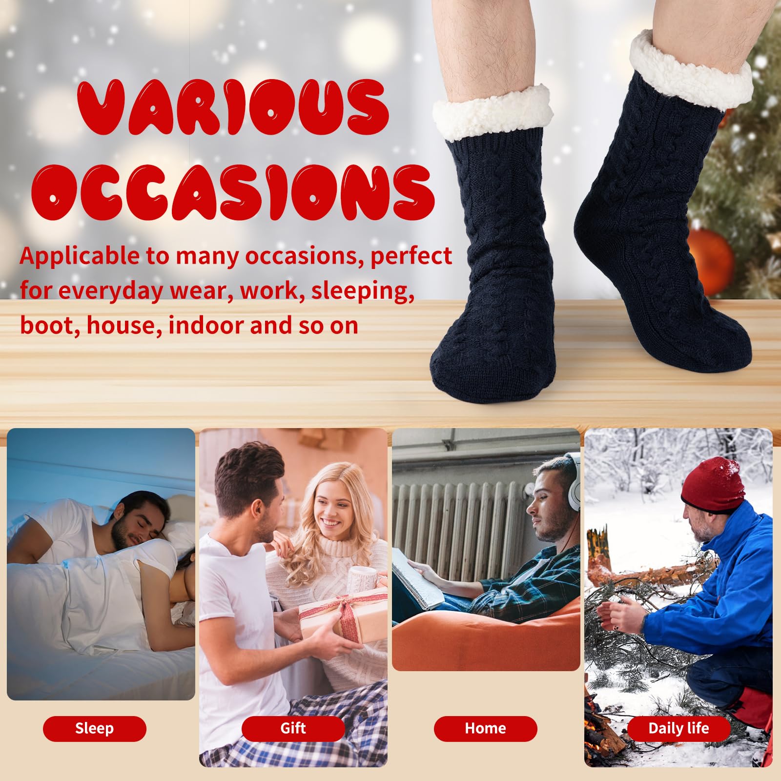 COOVAN Calcetines mullidos para hombre, cálidos, acogedores, esponjosos, de forro polar, suaves, cómodos, gruesos, antideslizantes, para el hogar