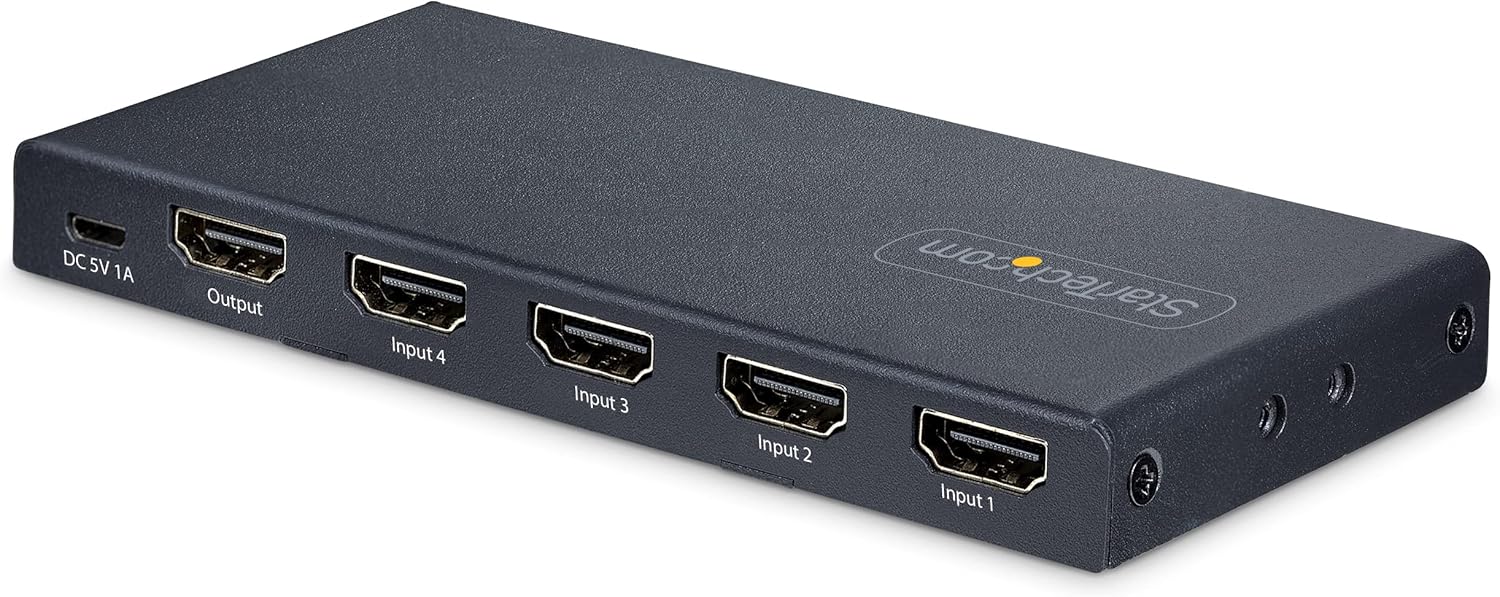 StarTech.com 4-Port 8K HDMI Switch, HDMI 2.1 Switcher 4K 120Hz HDR10+, 8K 60Hz UHD, HDMI Switch 4 in 1 Out, Auto/Manual Source Switching, Power Adapter and Remote Included (4PORT-8K-HDMI-SWITCH)