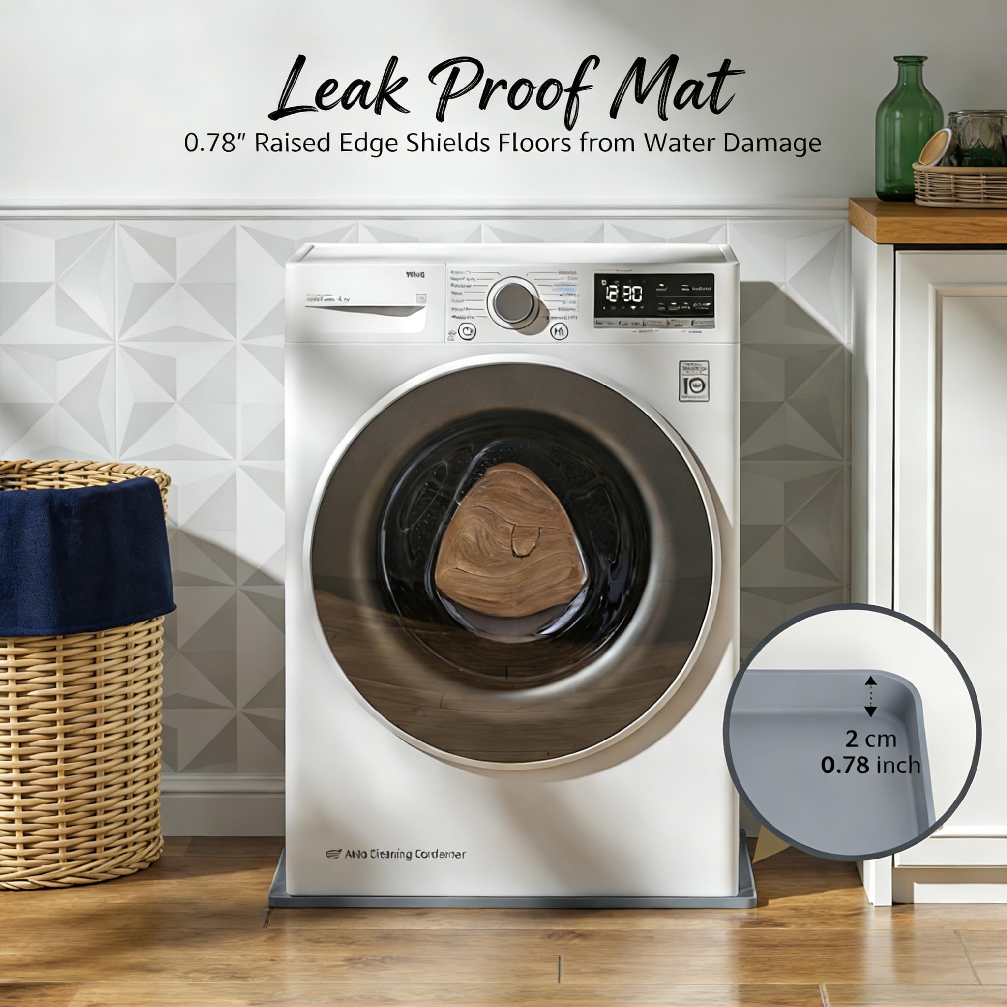 Silikonmatte für Waschmaschine, 68,6 x 68,6 cm, mit erhöhten Kanten, waschbare Oberseite, rutschfester Boden-Leckschutz, flexible weiche Pads für Waschküche und Küche (grau)