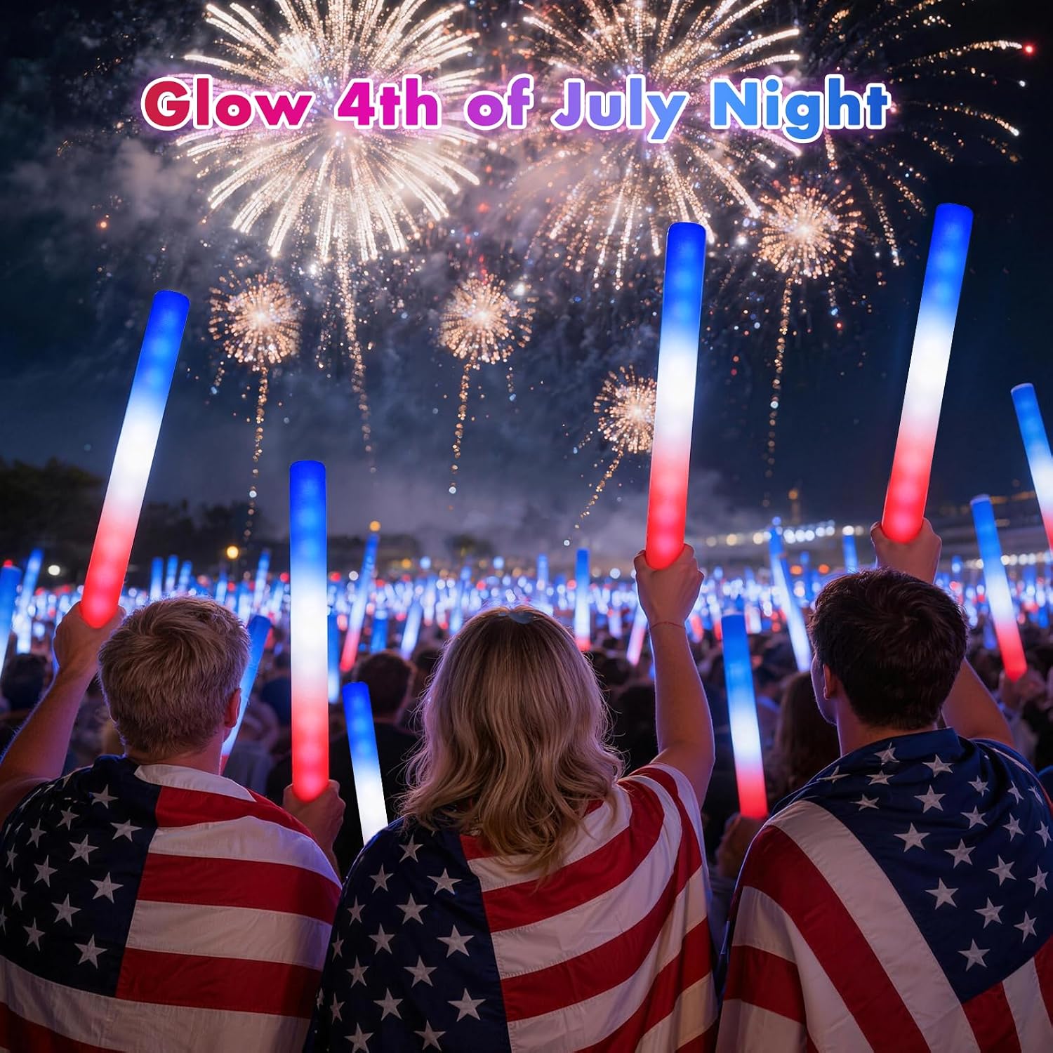 SHQDD 46 PCS 4th of July Foam Glow Stick Pack, Red White Blue Glow Sticks, July 4 Party Favors, Light up Party Supplies for Independence Day Celebrations,Glow in the Dark Accessories for Kids & Adults