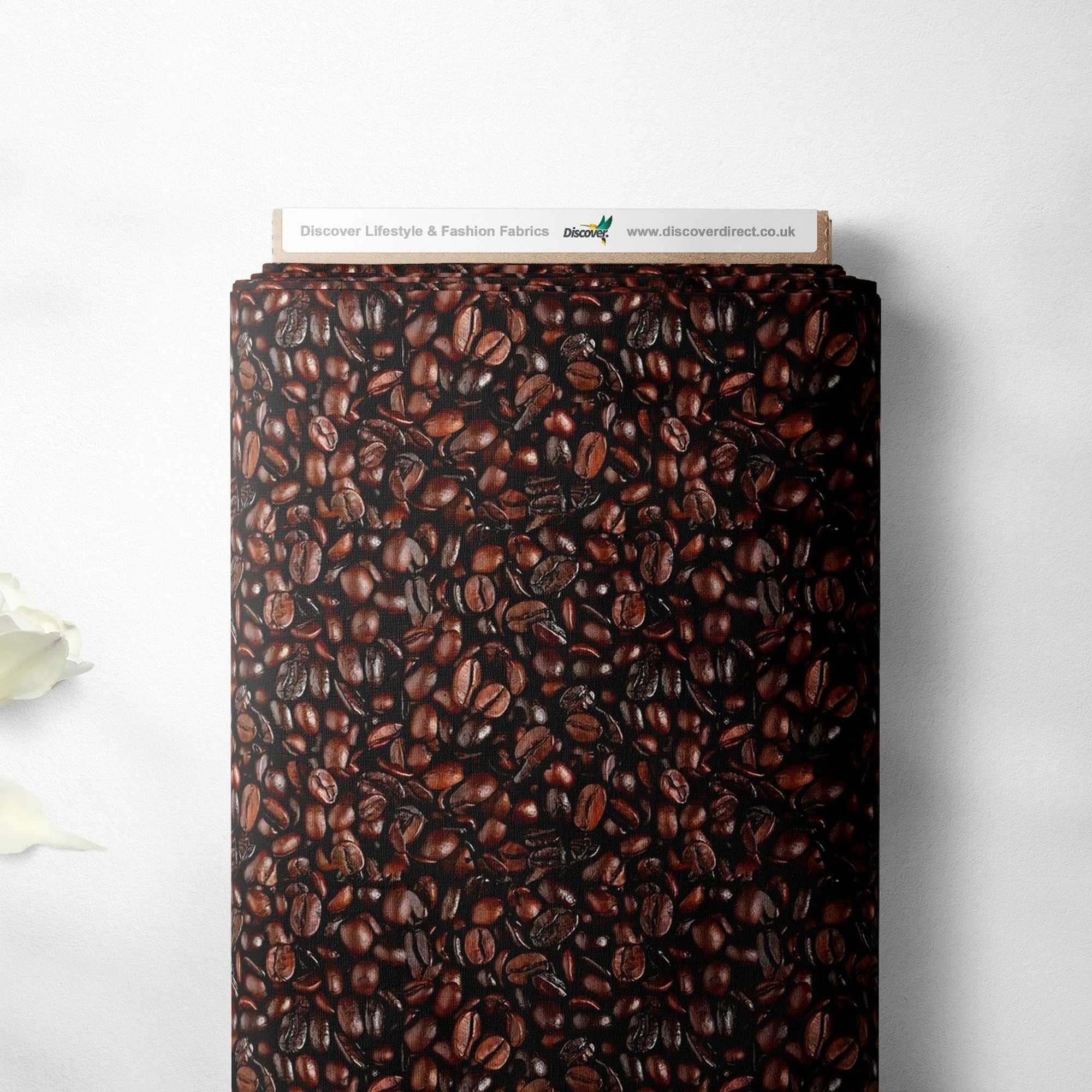 100% Cotton Coffee Beans Hot Drinks Novelty Printed Design Quilting Kids Craft Dress Quality Sewing Premium Fabric Material | 55" - 140 cm Wide (per Metre, Coffee Beans)