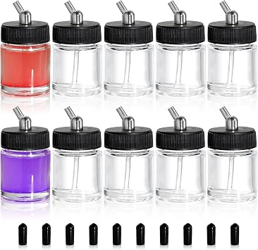 Goaste 10 Pack Glass Airbrush Bottles Kit, 22cc Empty Airbrush Jars, Transparent Airbrush Paint Storage Pot with 10pcs Cap Covers, 30 Down Angle Adaptor Lids, Fits Dual-Action Siphon Feed Airbrushes